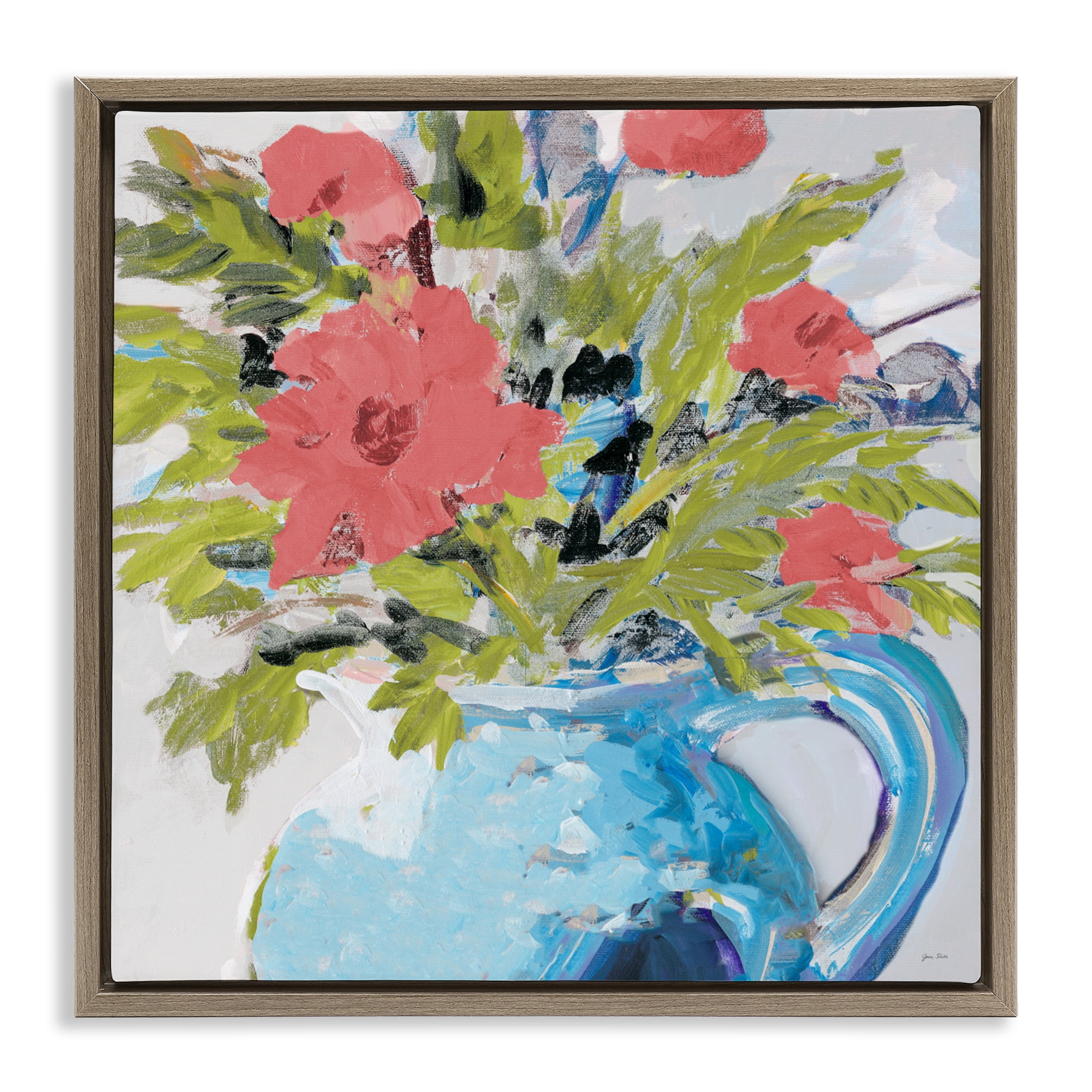 Stupell Industries Daisies in Blue Vase Brown Framed Floater Canvas Wall Art, design by Jane Slivka