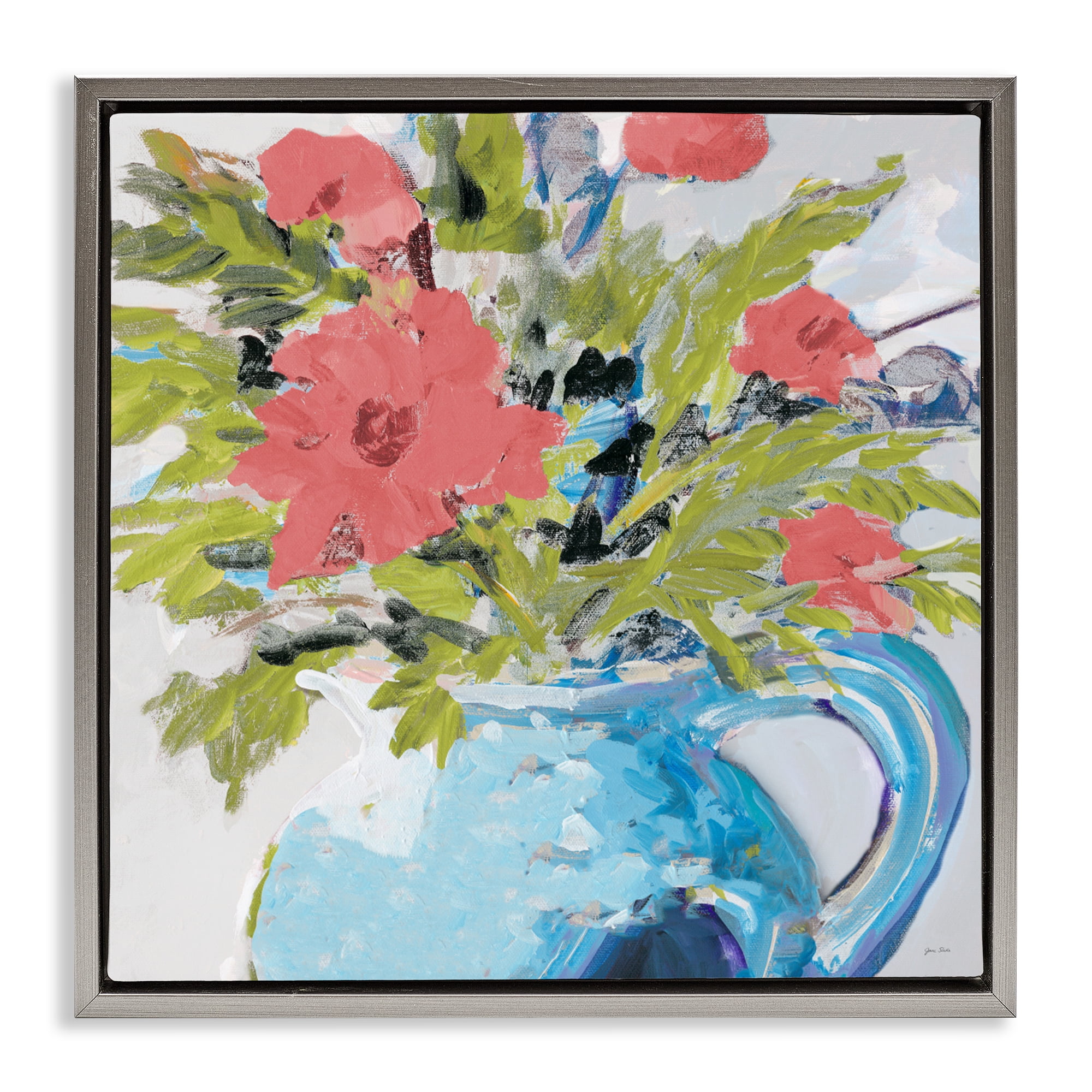 Stupell Industries Daisies in Blue Vase Gray Framed Floater Canvas Wall Art, design by Jane Slivka