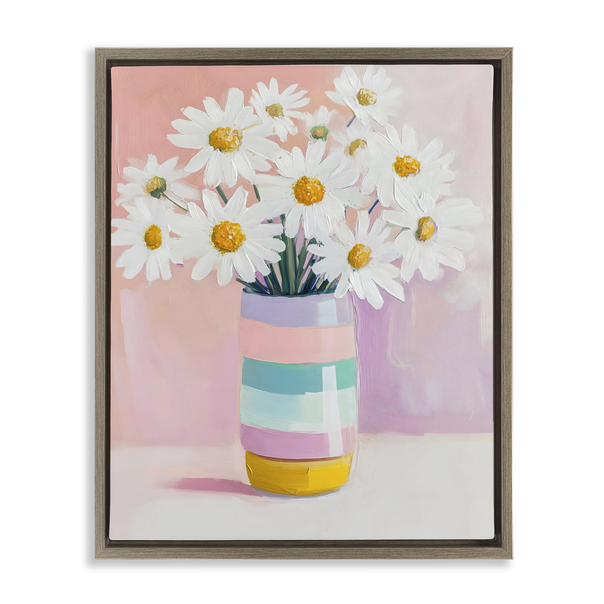 Stupell Industries Daisies in Striped Vase Brown Framed Floater Canvas Wall Art, design by The Prints Vibe