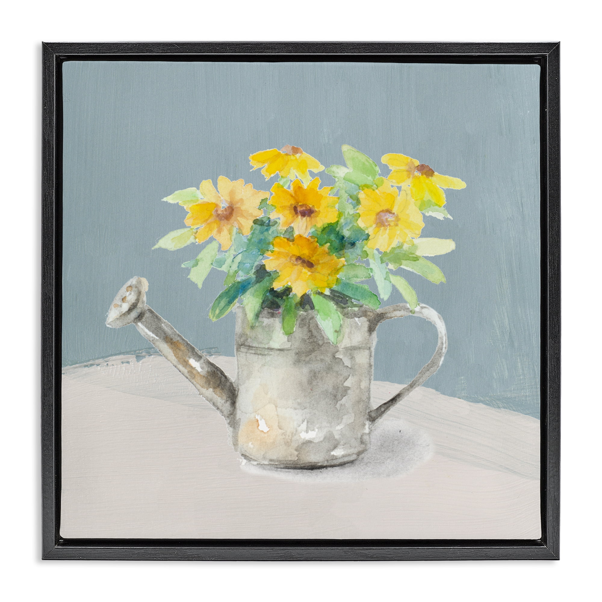 Stupell Industries Daisies in Watering Can Black Framed Floater Canvas Wall Art, design by Lanie Loreth