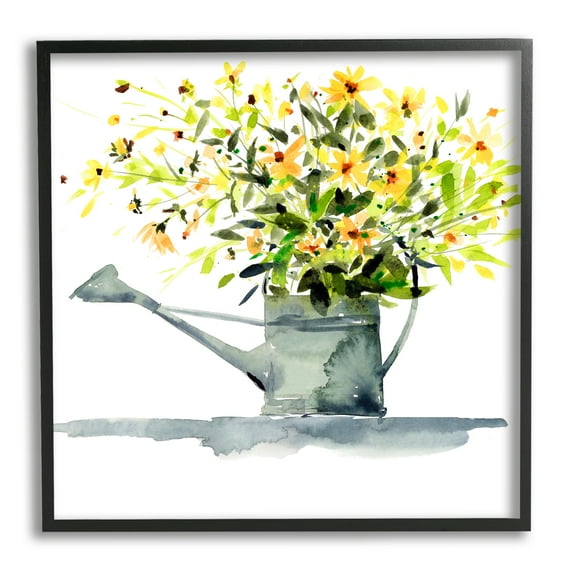 Stupell Industries Daisies in Watering Can Botanical & Floral Painting Black Framed Art Print Wall Art, 12 x 12