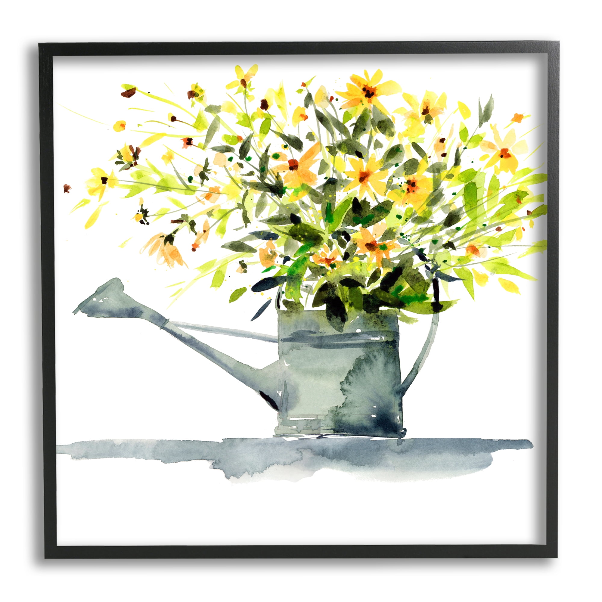 Stupell Industries Daisies in Watering Can Botanical & Floral Painting Black Framed Art Print Wall Art, 17 x 17