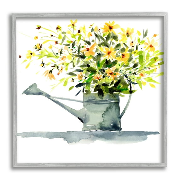 Stupell Industries Daisies in Watering Can Botanical & Floral Painting Gray Framed Art Print Wall Art, 17 x 17