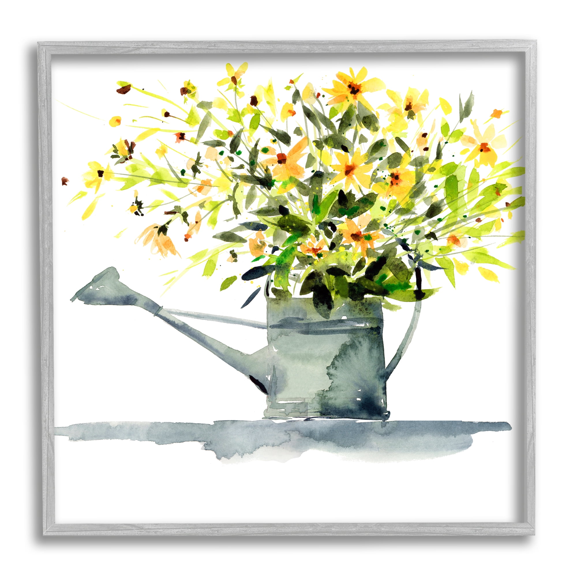 Stupell Industries Daisies in Watering Can Botanical & Floral Painting Gray Framed Art Print Wall Art, 24 x 24