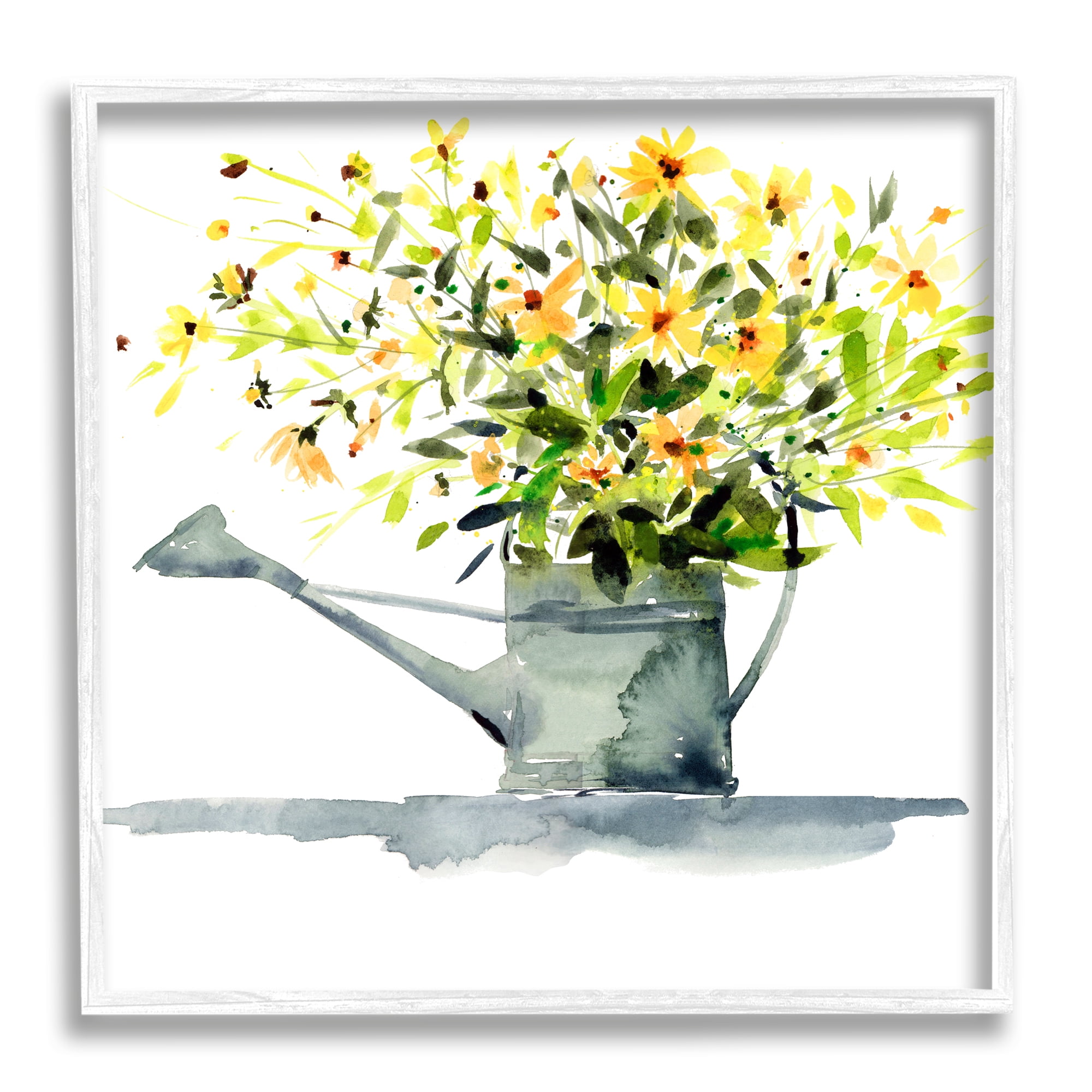Stupell Industries Daisies in Watering Can Botanical & Floral Painting White Framed Art Print Wall Art, 17 x 17