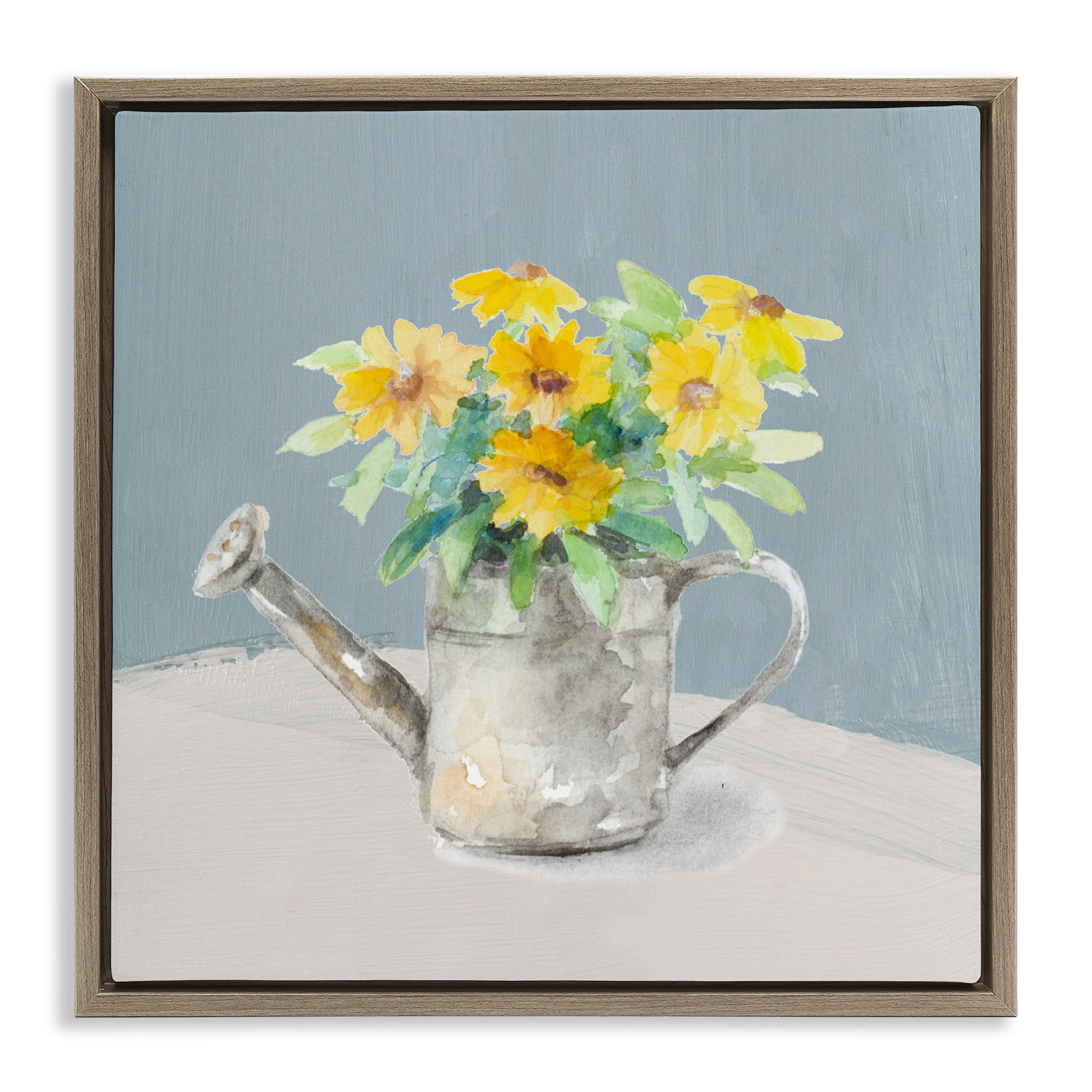 Stupell Industries Daisies in Watering Can Brown Framed Floater Canvas Wall Art, design by Lanie Loreth