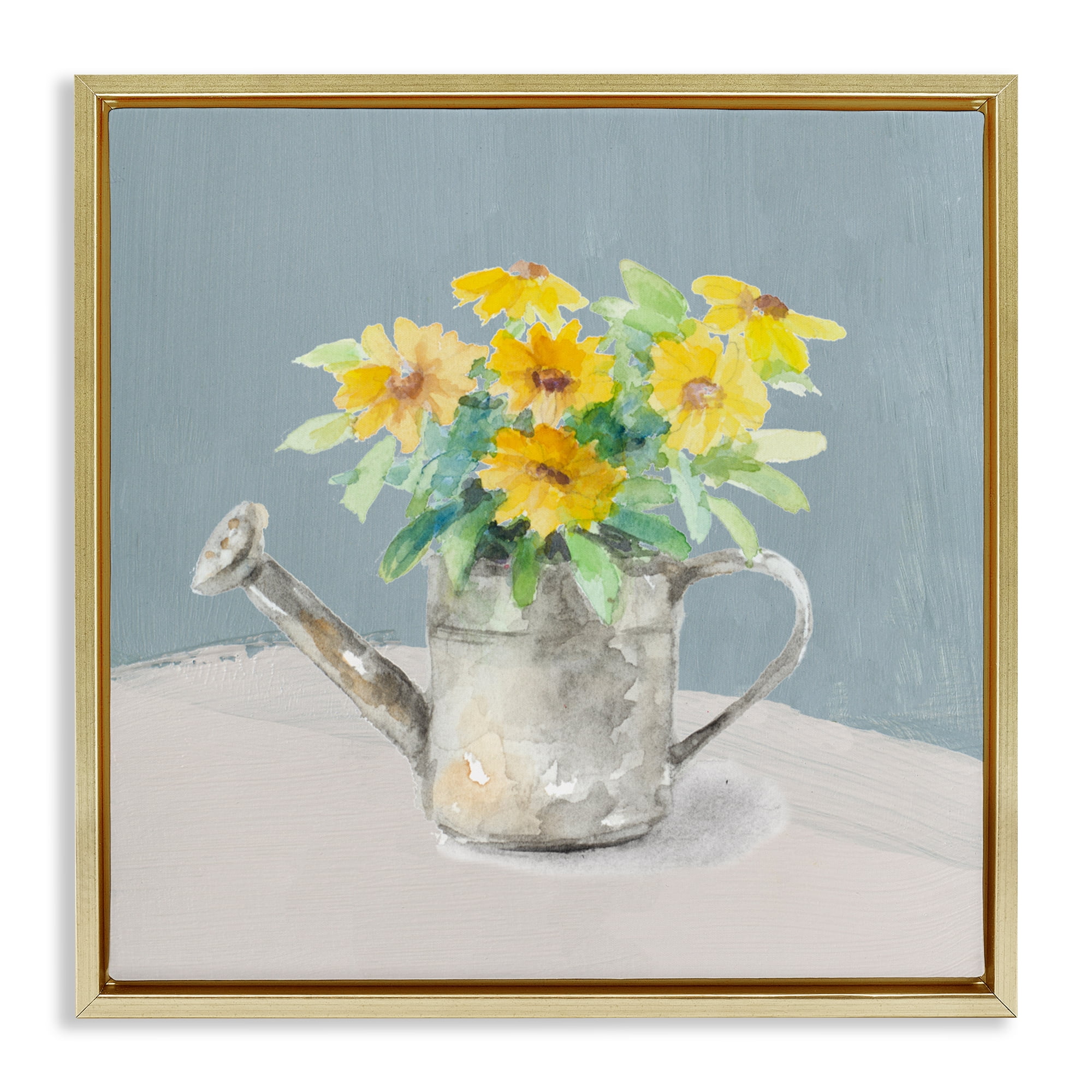 Stupell Industries Daisies in Watering Can Gold Framed Floater Canvas Wall Art, design by Lanie Loreth