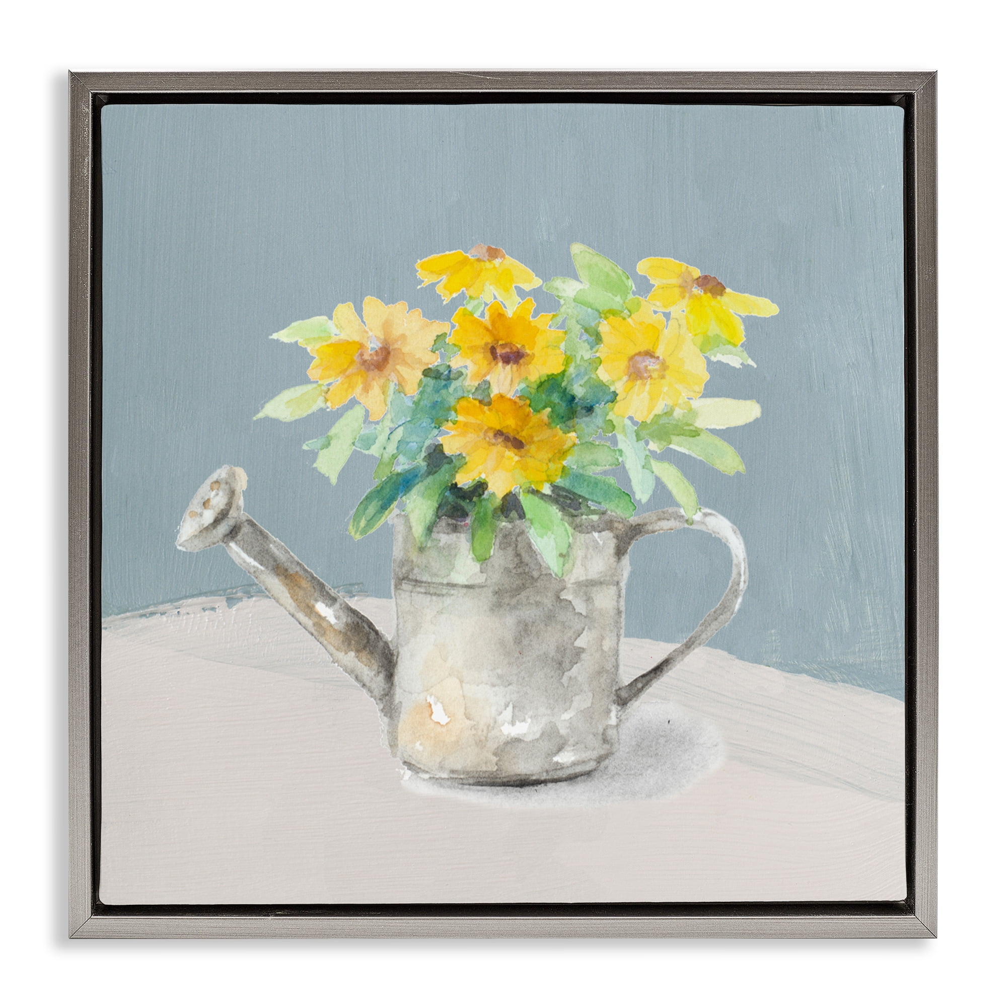 Stupell Industries Daisies in Watering Can Gray Framed Floater Canvas Wall Art, design by Lanie Loreth