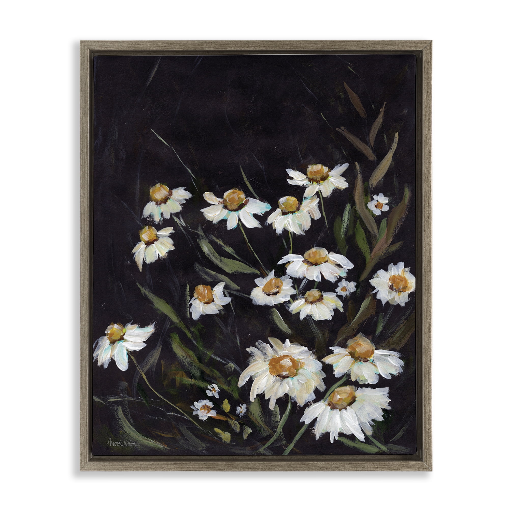 Stupell Industries Daisies on Black Botanical & Floral Painting Brown Floater Framed Art Print Wall Art, 17 x 21