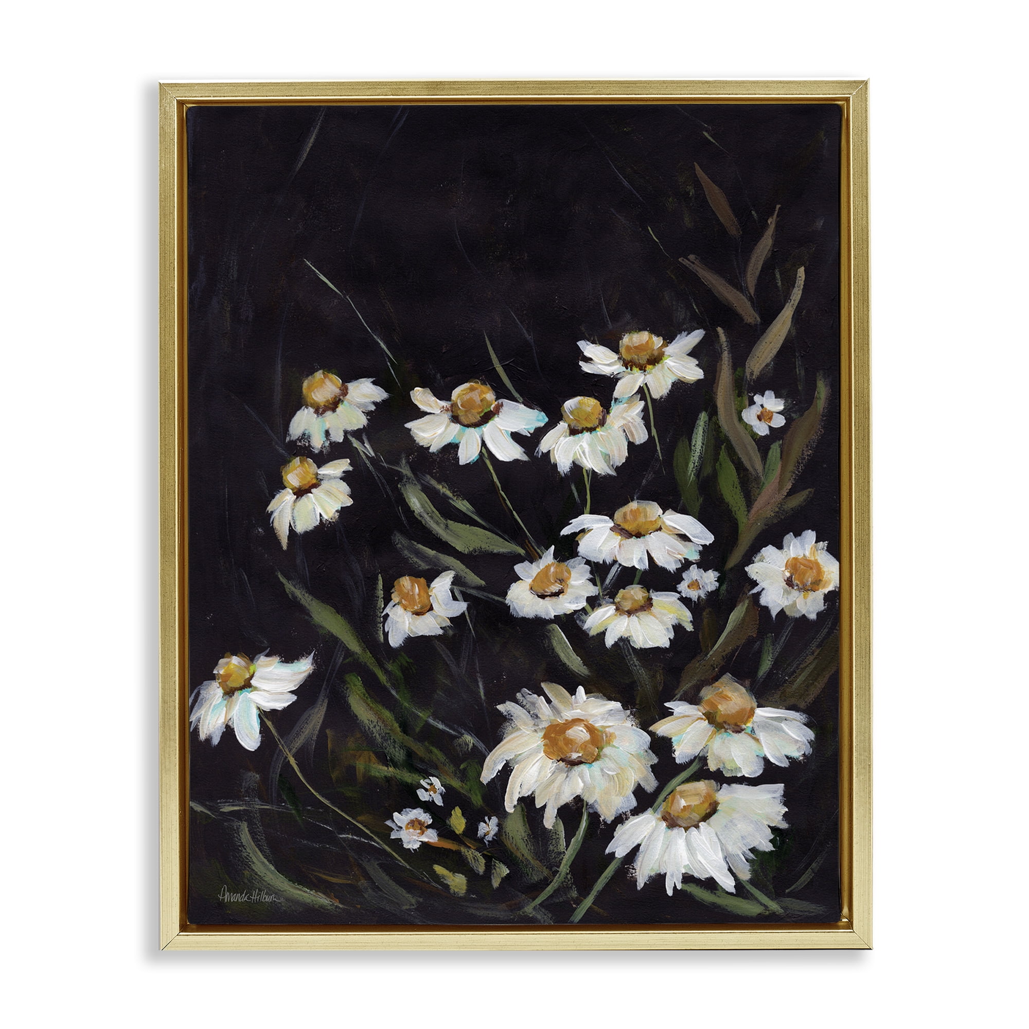Stupell Industries Daisies on Black Botanical & Floral Painting Gold Floater Framed Art Print Wall Art, 25 x 31