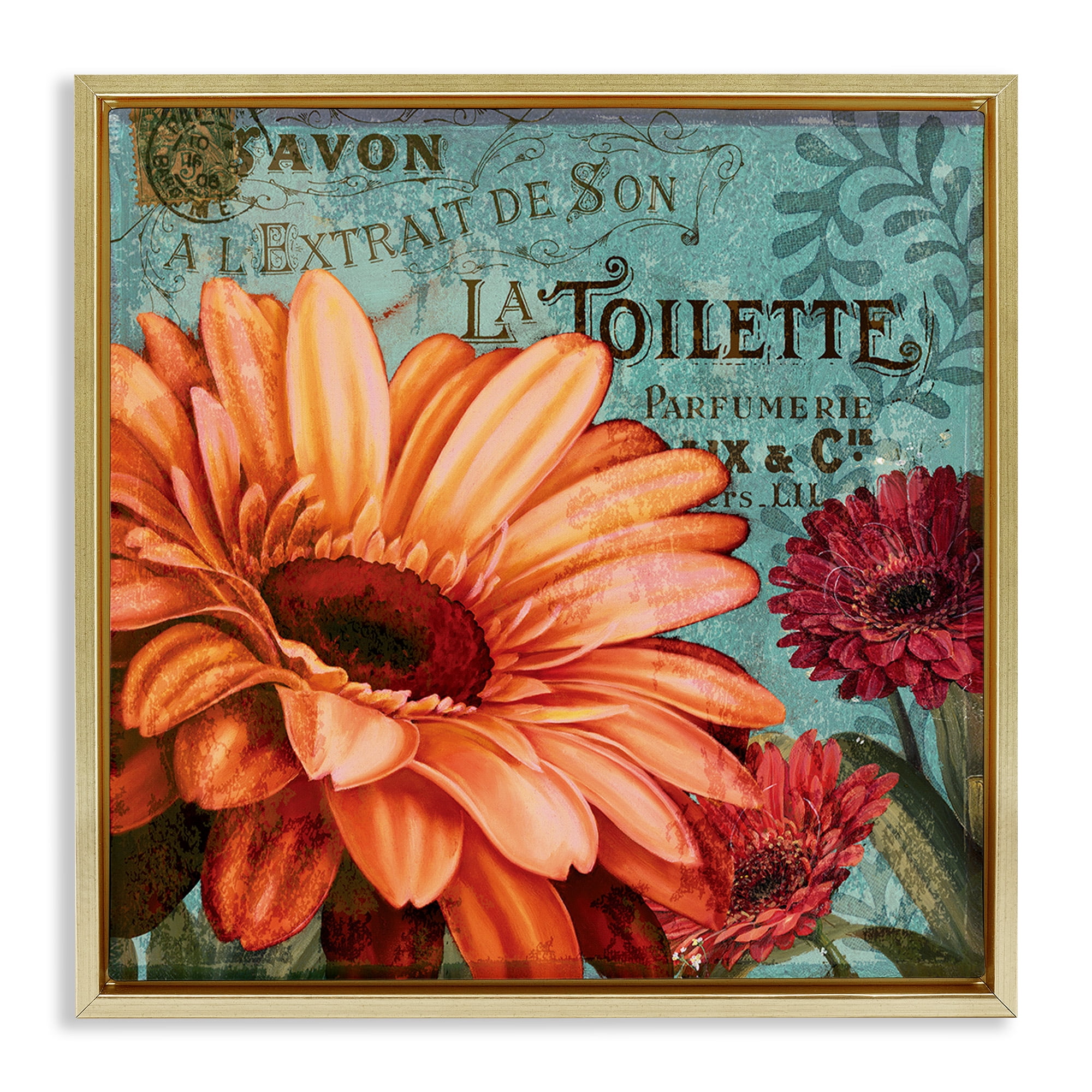 Stupell Industries Daisies with Antique French Backdrop Botanical & Floral Painting Gold Floater Framed Canvas Art Print Wall Art, 25 x 25