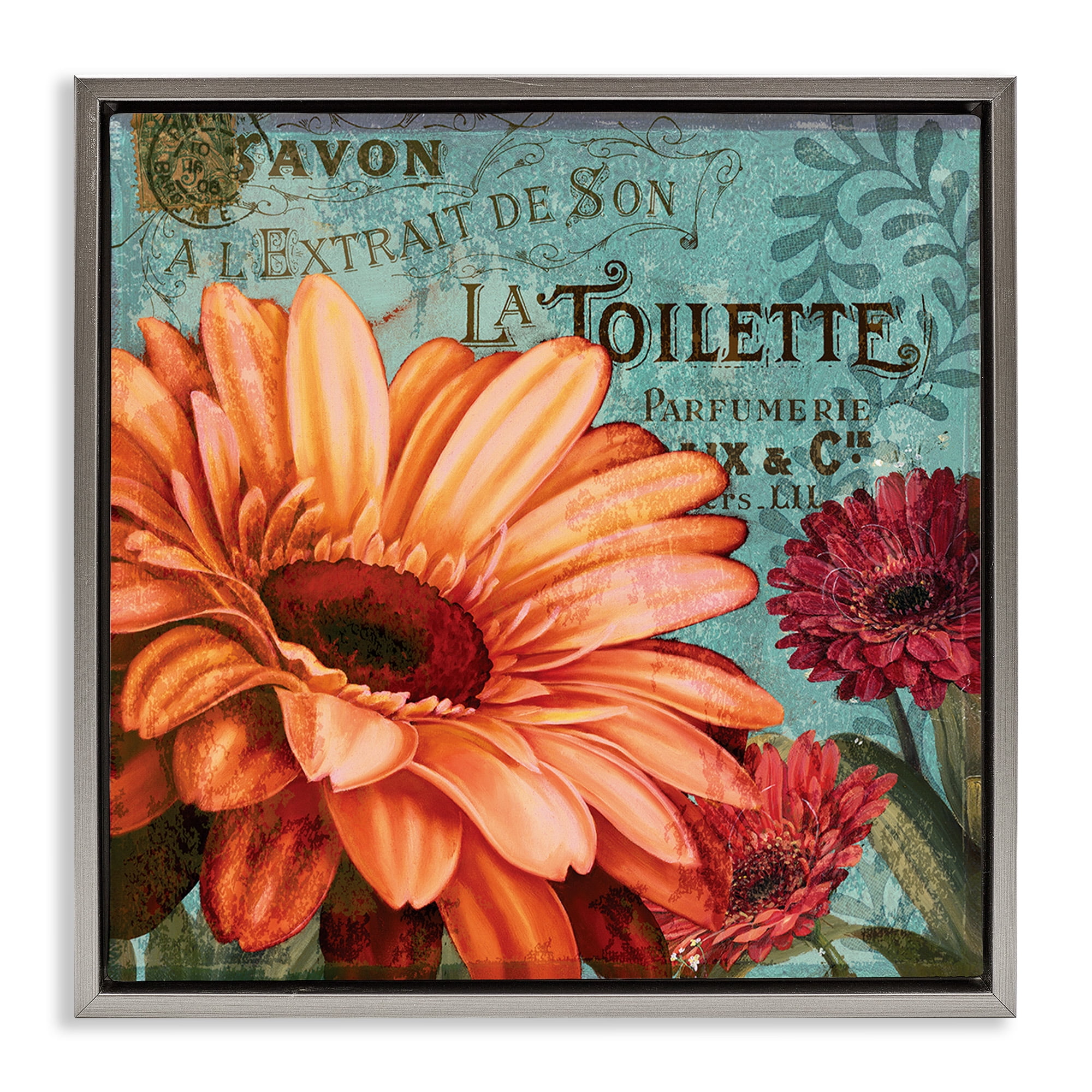 Stupell Industries Daisies with Antique French Backdrop Botanical & Floral Painting Gray Floater Framed Canvas Art Print Wall Art, 25 x 25