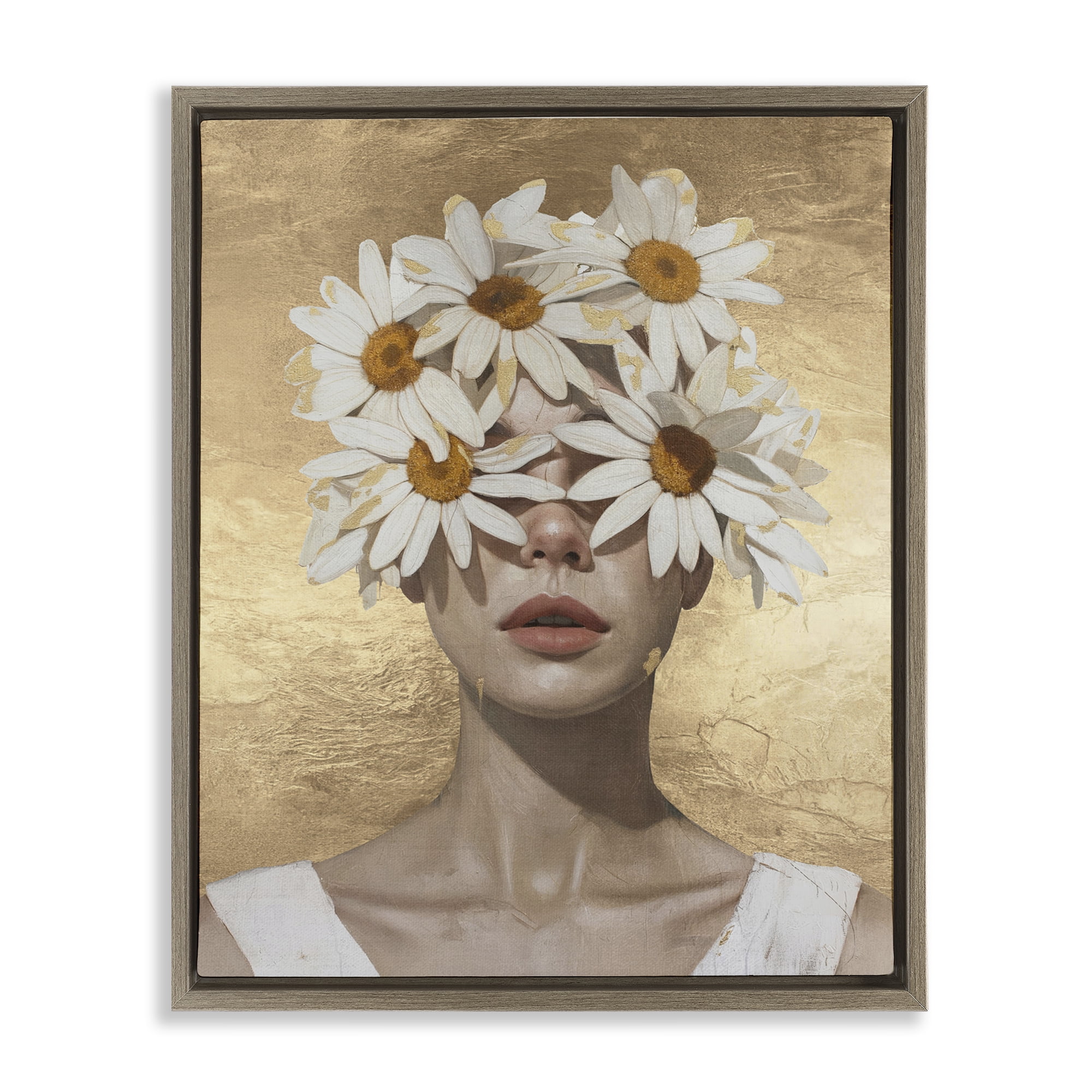 Stupell Industries Daisy Adorned Woman People Painting Brown Floater Framed Canvas Art Print Wall Art, 25 x 31