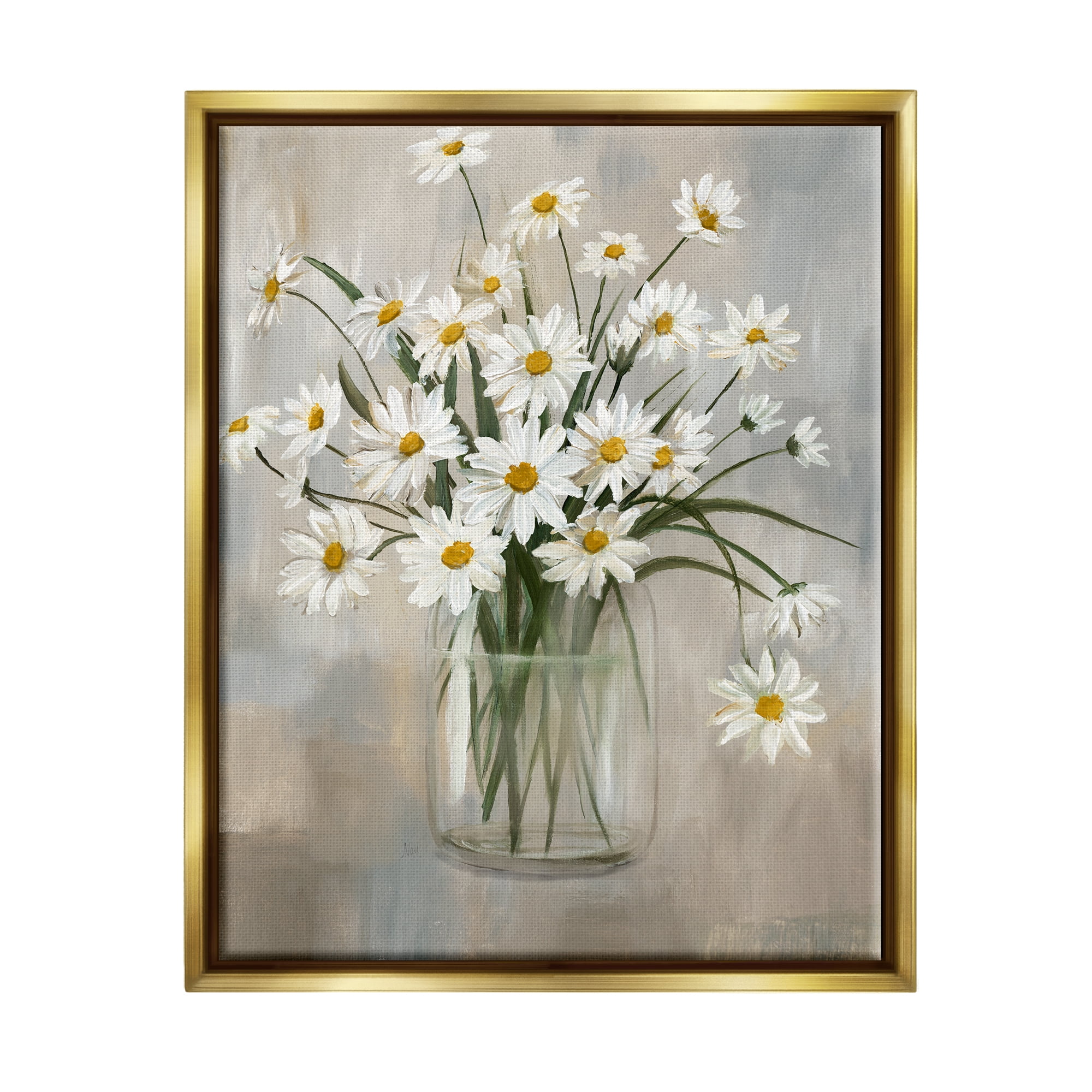Daisy Bloom Bouquet Gold Framed Floating Canvas Wall Art, 25x31