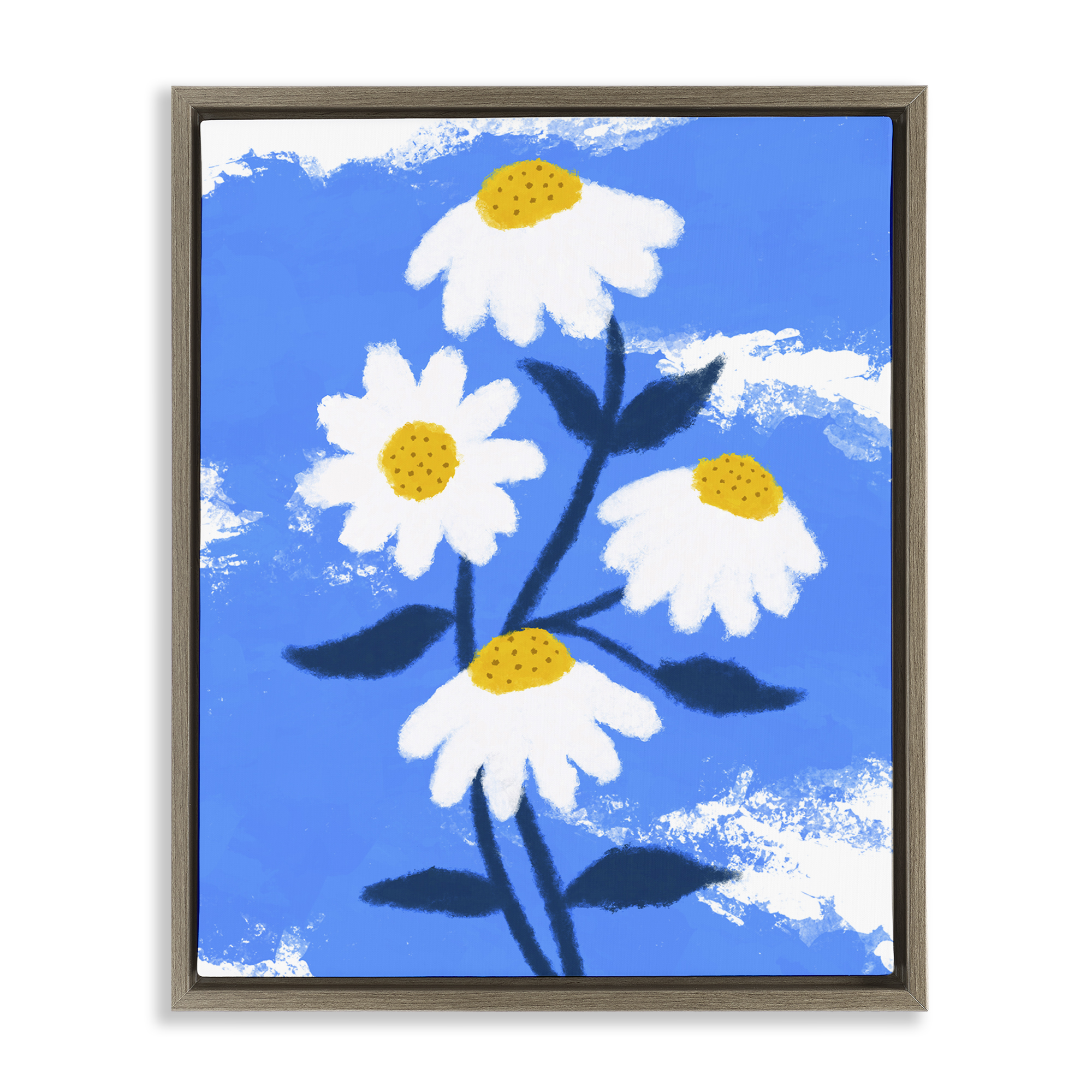 Stupell Industries Daisy Bloom with Clouds Plants & Flowers Painting Brown Floater Framed Canvas Art Print Wall Art, 17 x 21
