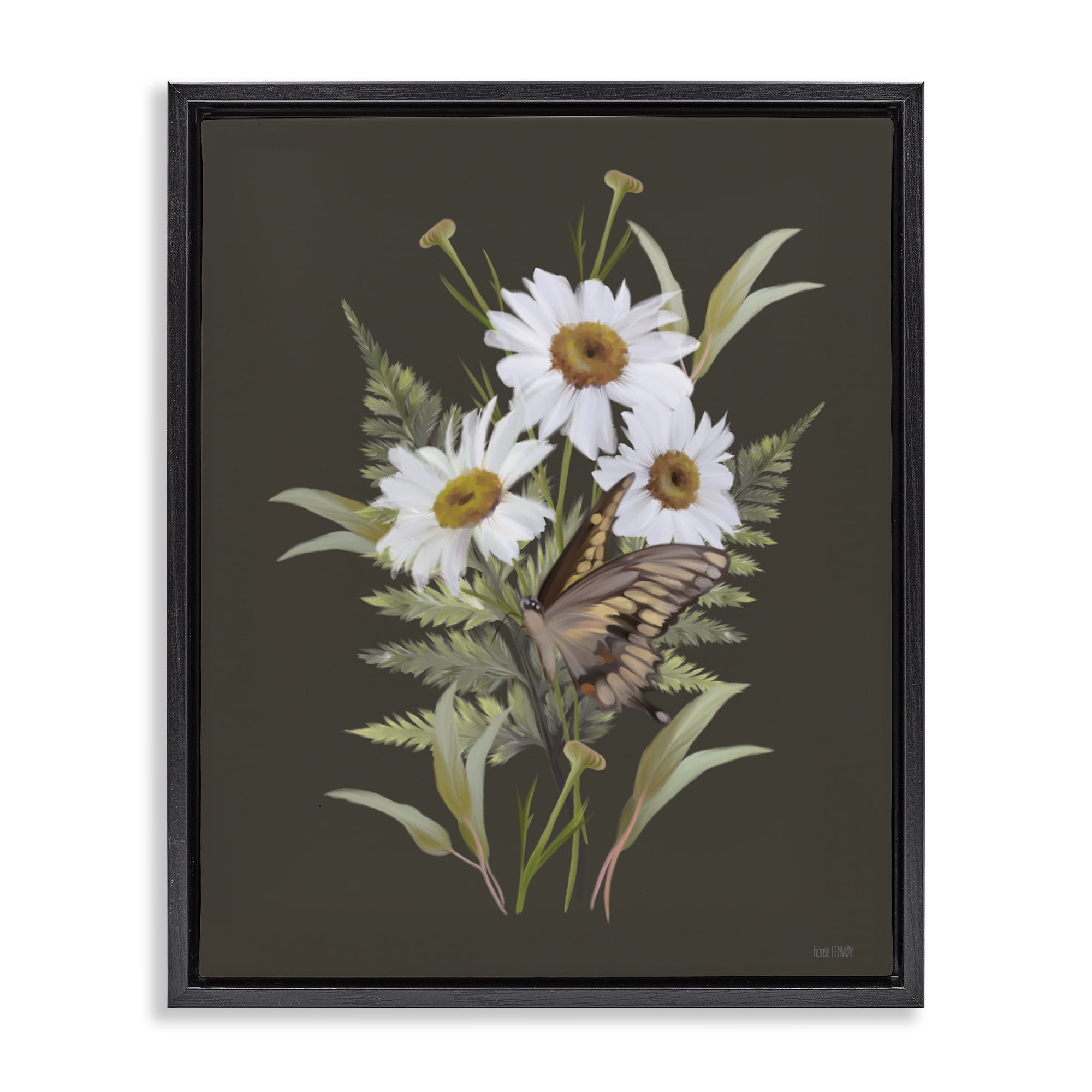 Stupell Industries Daisy Bouquet with Swallowtail Black Framed Floater Canvas Wall Art, design by House Fenway