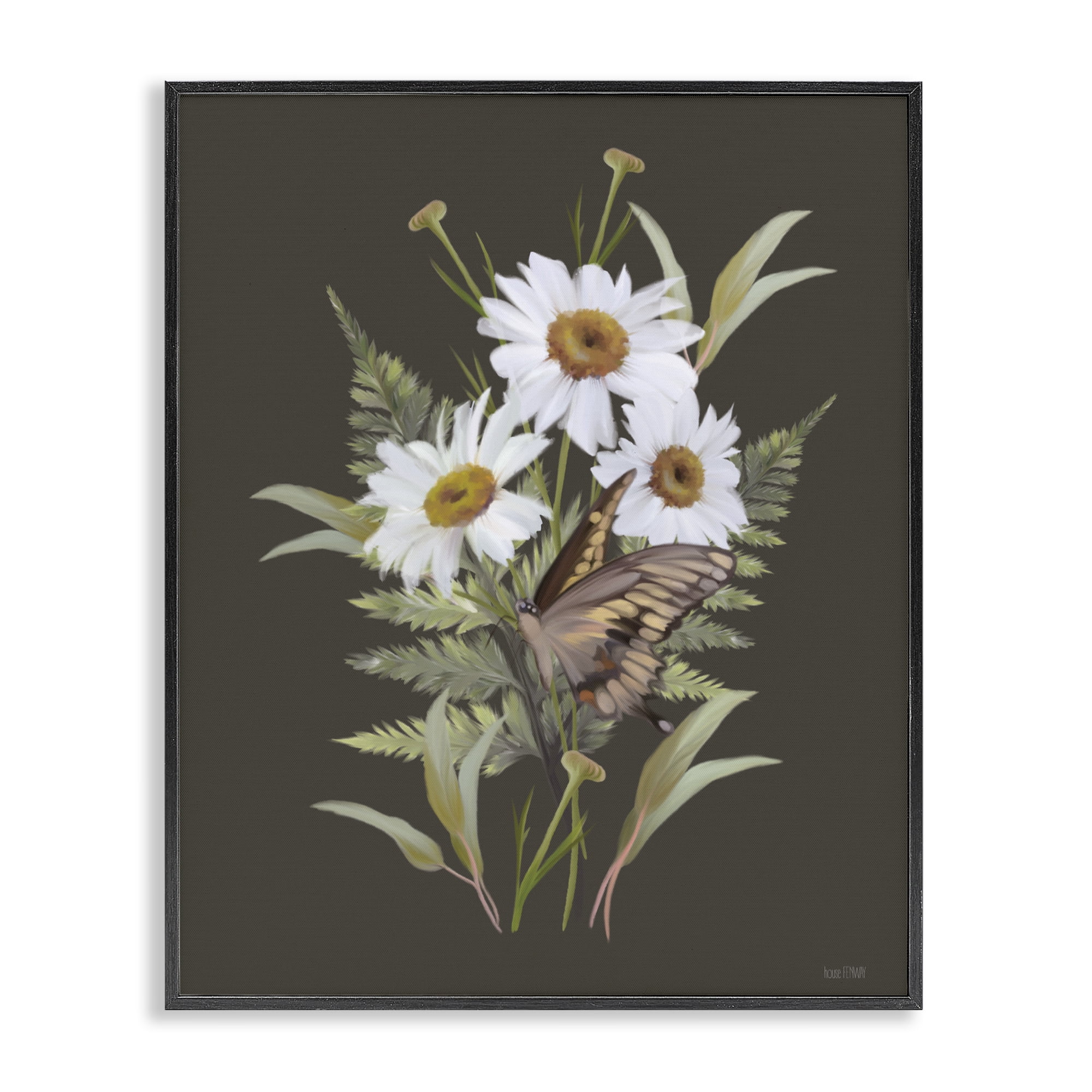 Stupell Industries Daisy Bouquet with Swallowtail Black Framed Giclee Art, design by House Fenway