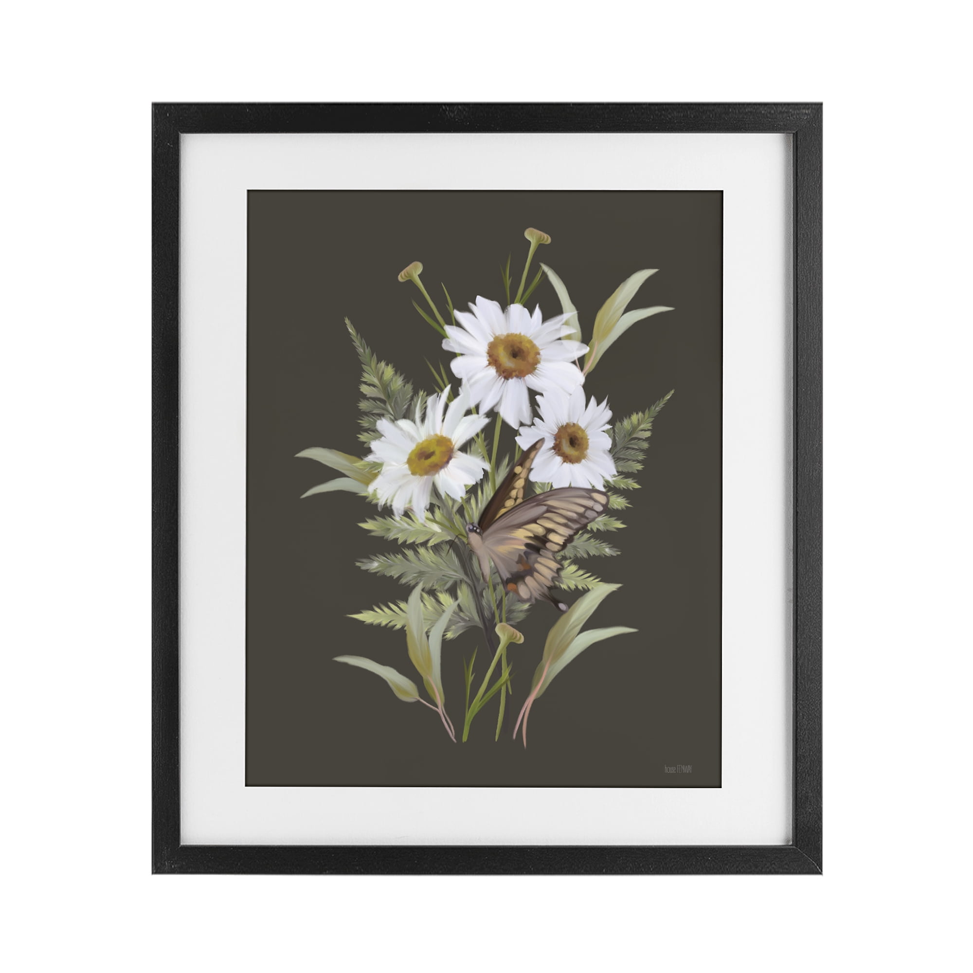 Stupell Industries Daisy Bouquet with Swallowtail Black Framed Print Under Glass, design by House Fenway
