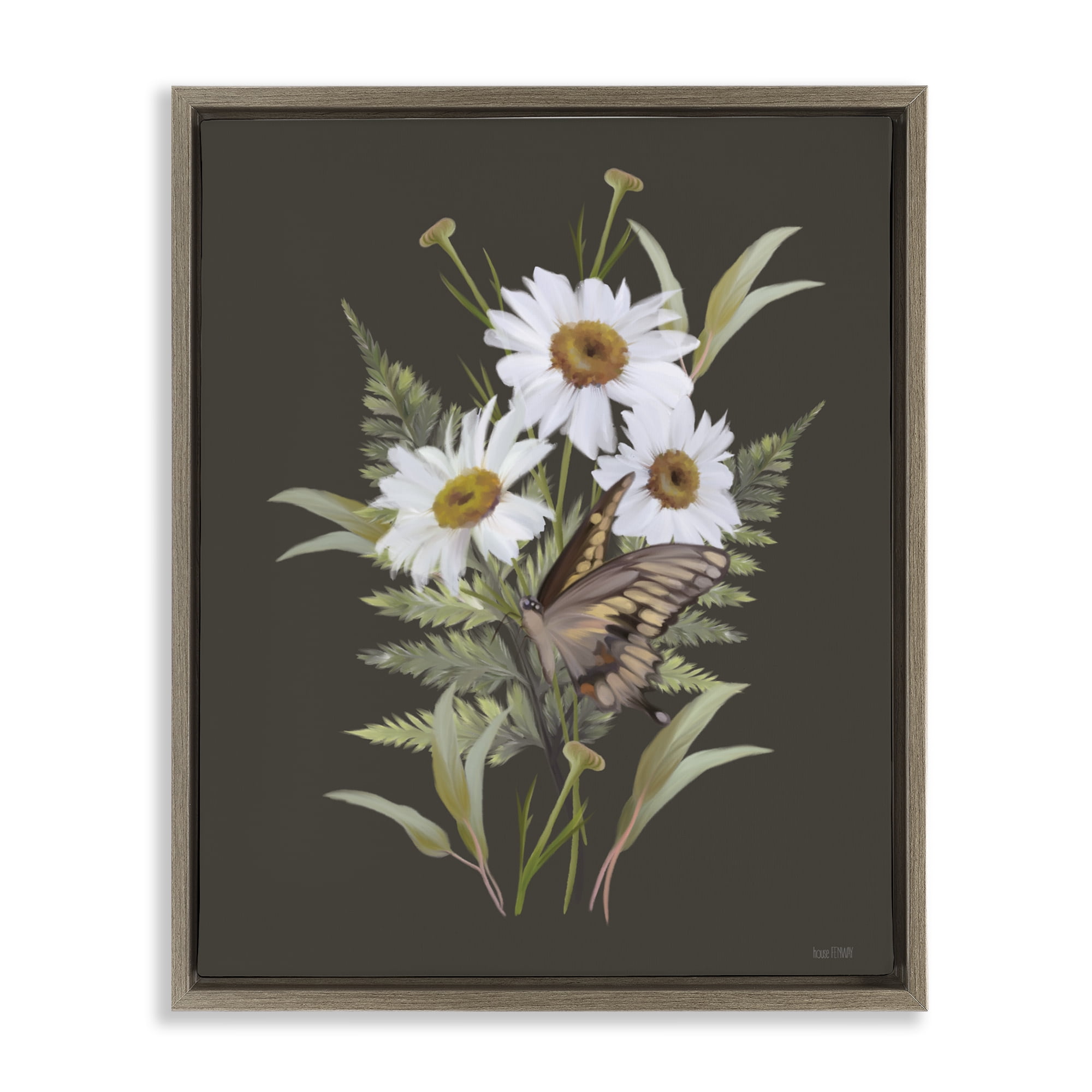 Stupell Industries Daisy Bouquet with Swallowtail Brown Framed Floater Canvas Wall Art, design by House Fenway
