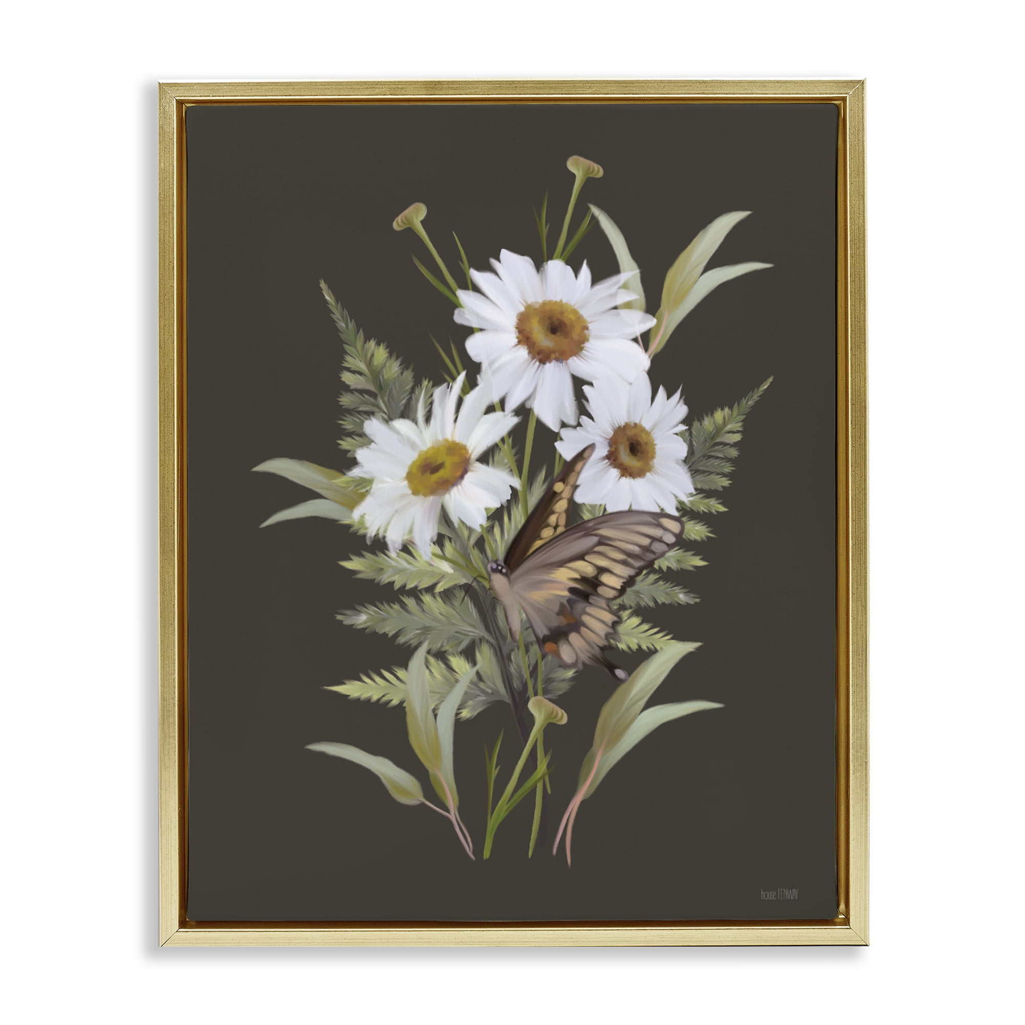 Stupell Industries Daisy Bouquet with Swallowtail Gold Framed Floater Canvas Wall Art, design by House Fenway