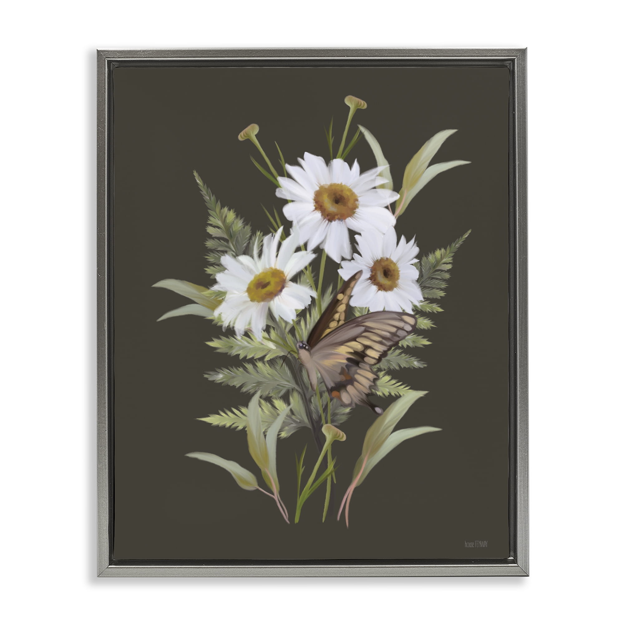 Stupell Industries Daisy Bouquet with Swallowtail Gray Framed Floater Canvas Wall Art, design by House Fenway