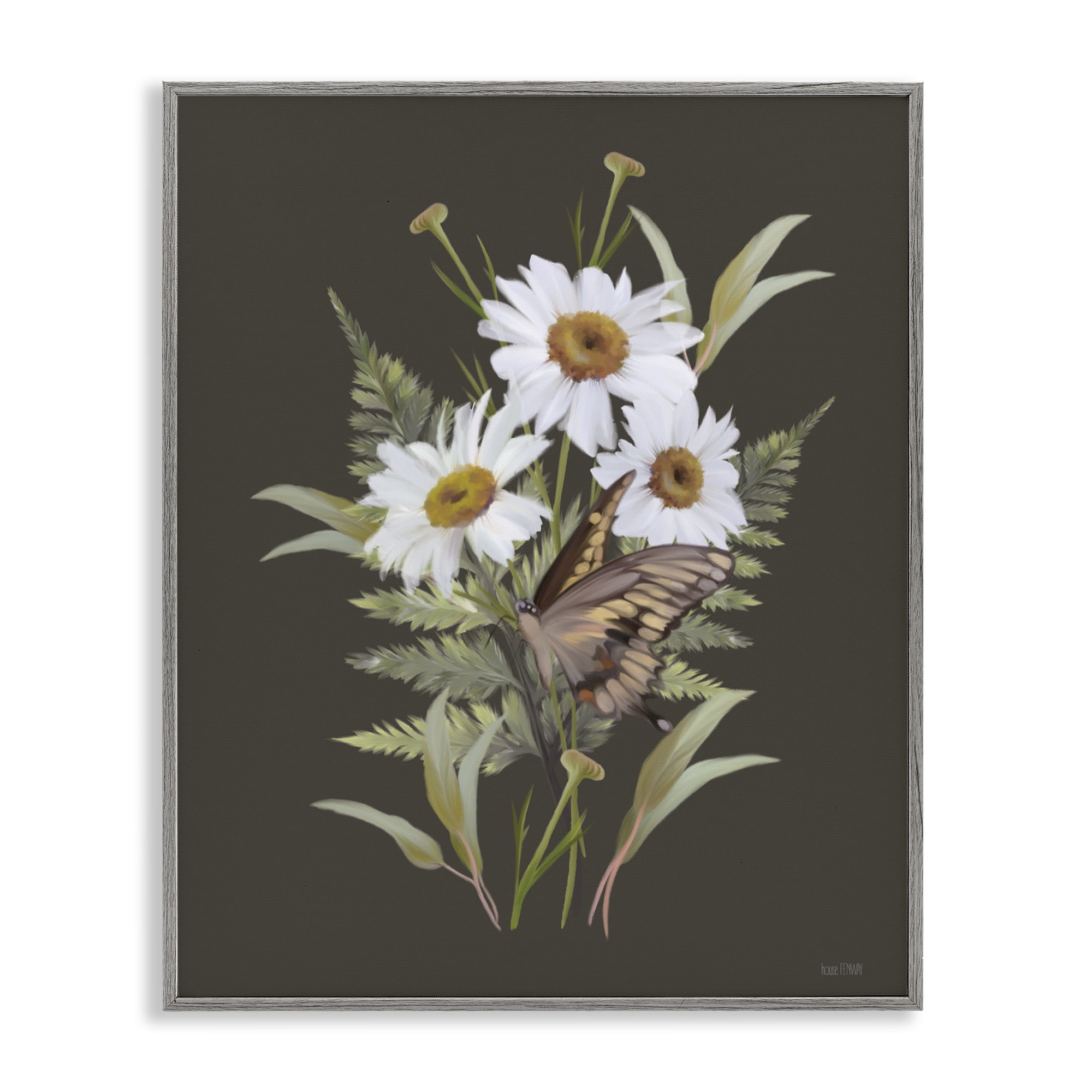 Stupell Industries Daisy Bouquet with Swallowtail Gray Framed Giclee Art, design by House Fenway