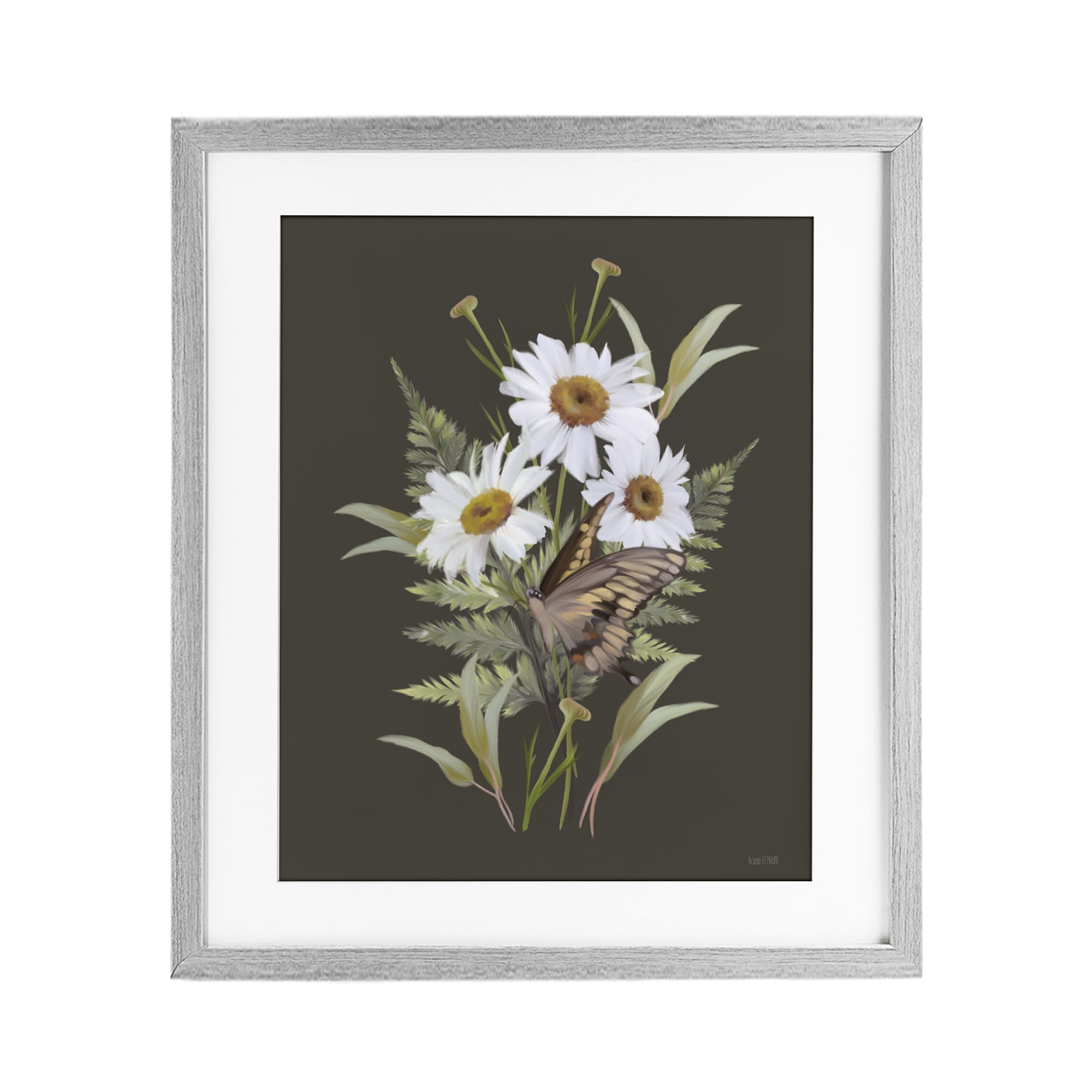 Stupell Industries Daisy Bouquet with Swallowtail Gray Framed Print Under Glass, design by House Fenway