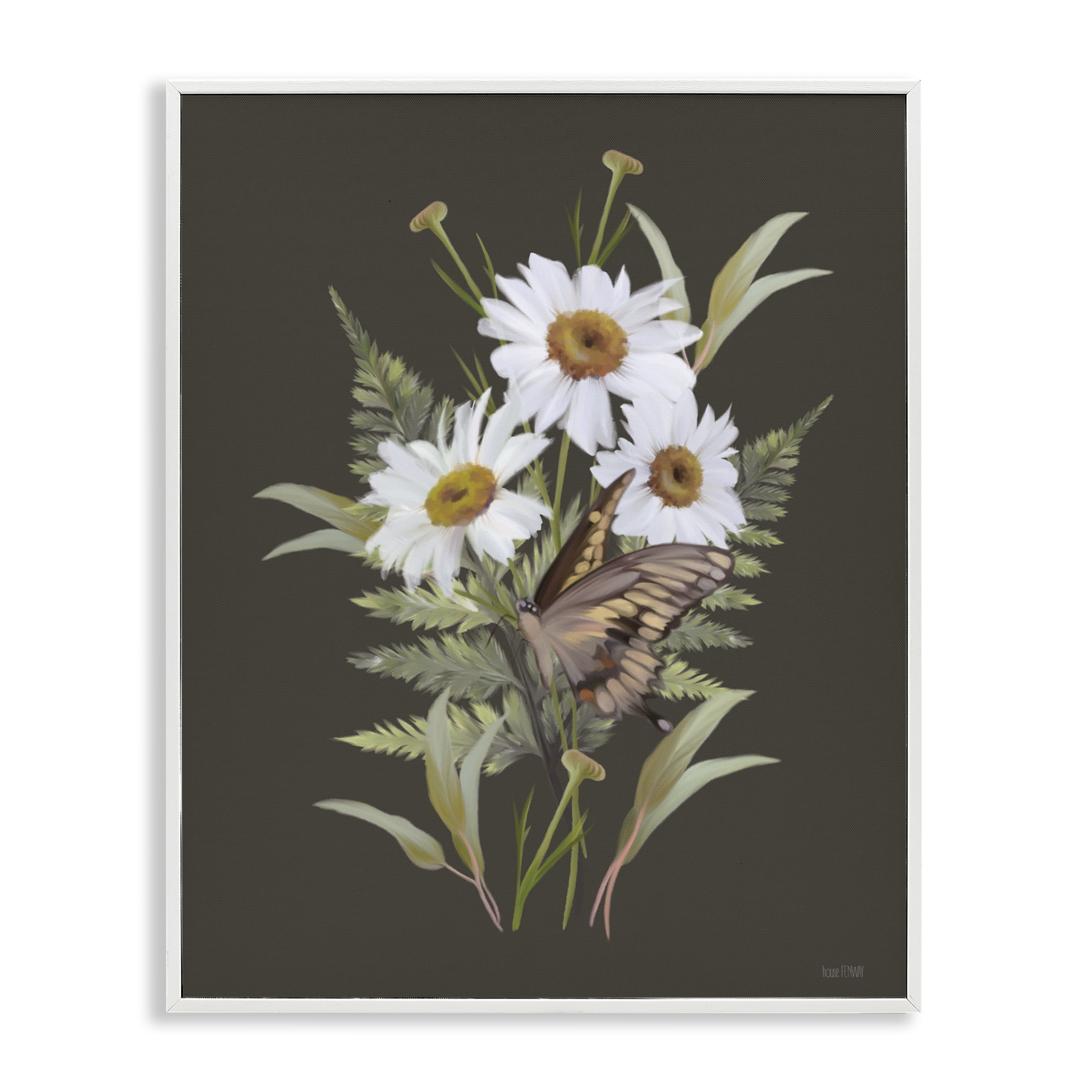 Stupell Industries Daisy Bouquet with Swallowtail White Framed Giclee Art, design by House Fenway