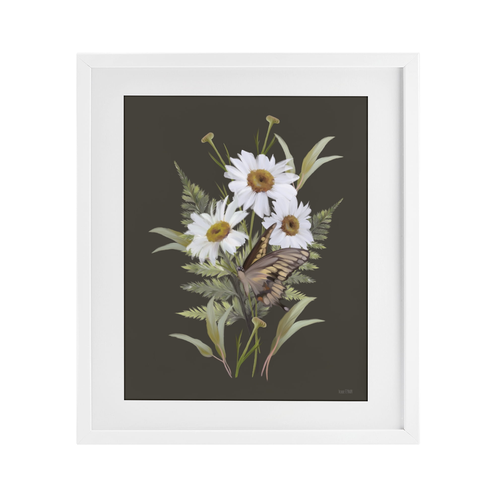 Stupell Industries Daisy Bouquet with Swallowtail White Framed Print Under Glass, design by House Fenway
