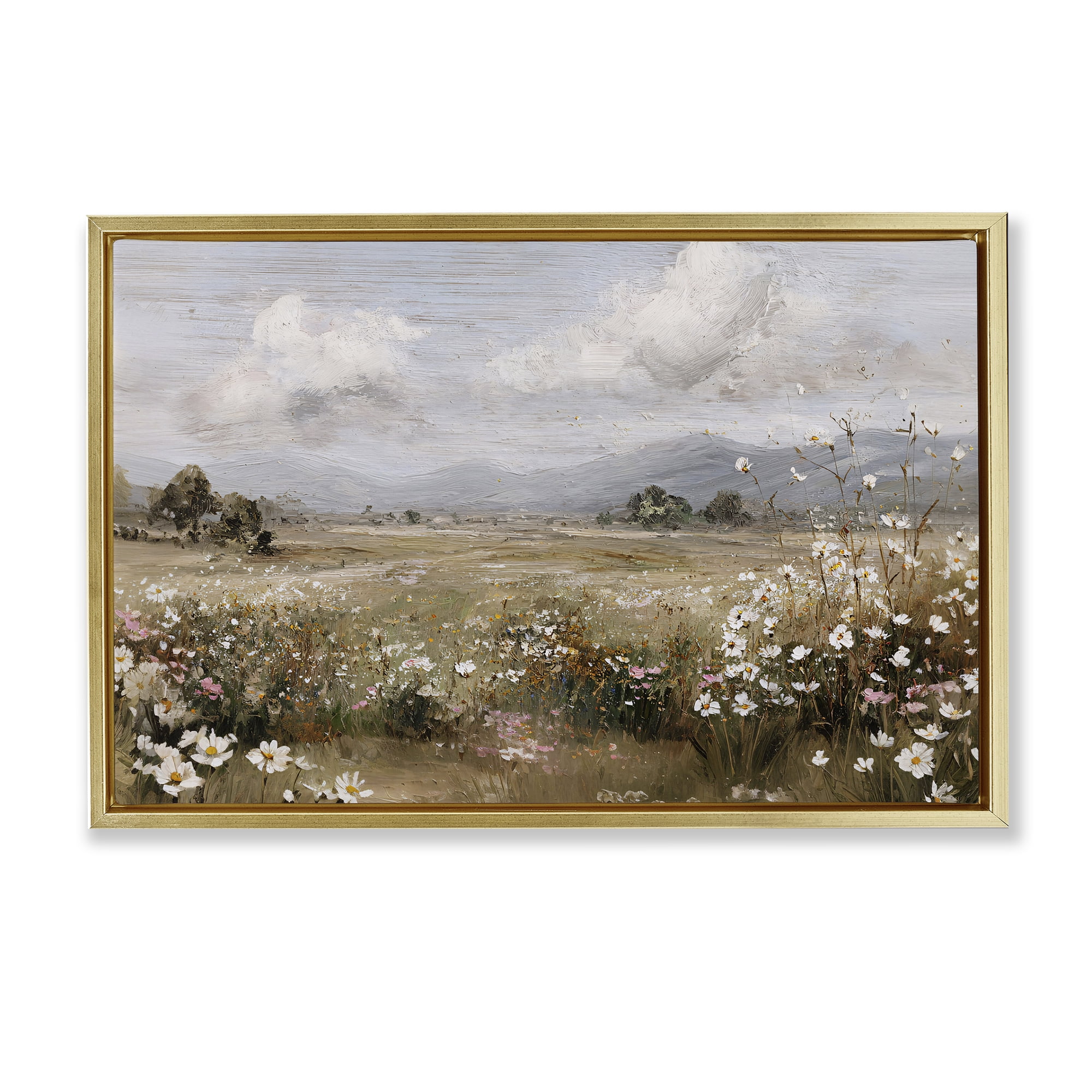 Stupell Industries Daisy Clusters in Field Gold Framed Floater Canvas Wall Art, design by Jacky Ngan