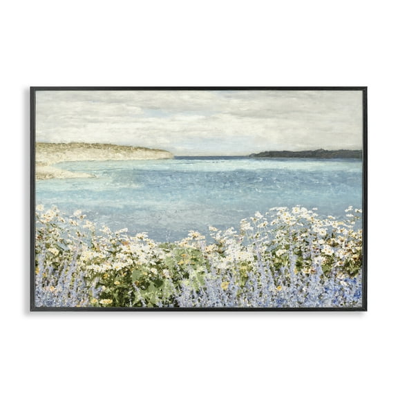 Stupell Industries Daisy Field over Sea Landscape & Nature Painting Black Framed Art Print Wall Art, 18 x 12