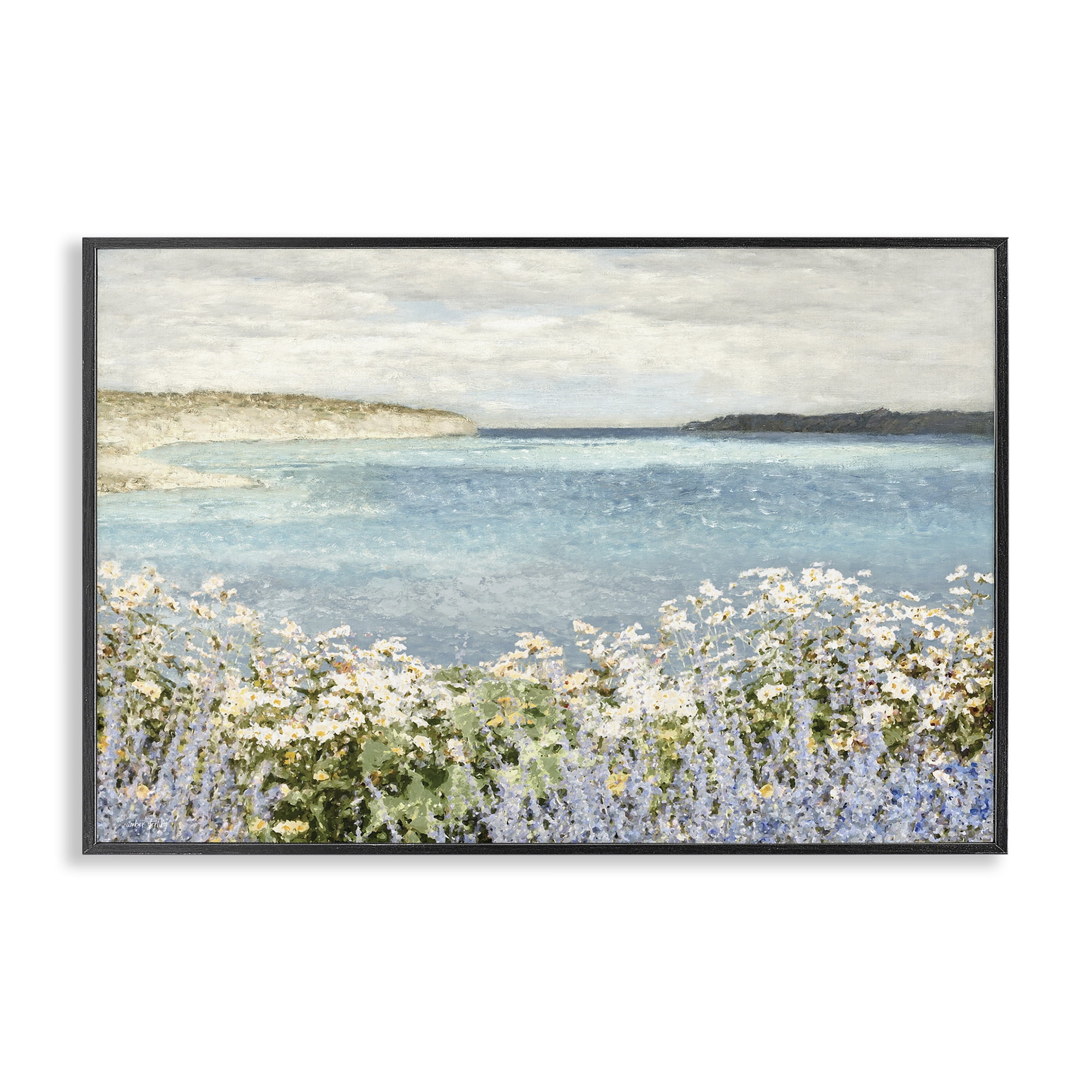Stupell Industries Daisy Field over Sea Landscape & Nature Painting Black Framed Art Print Wall Art, 30 x 20