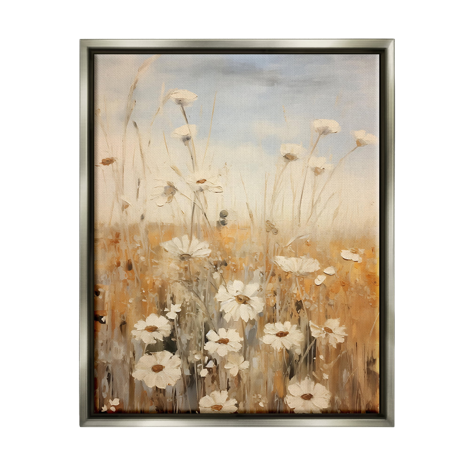 Stupell Industries Daisy Meadow Painting Botanical & Floral Painting Gray Floater Framed Canvas Art Print Wall Art, 17 x 21