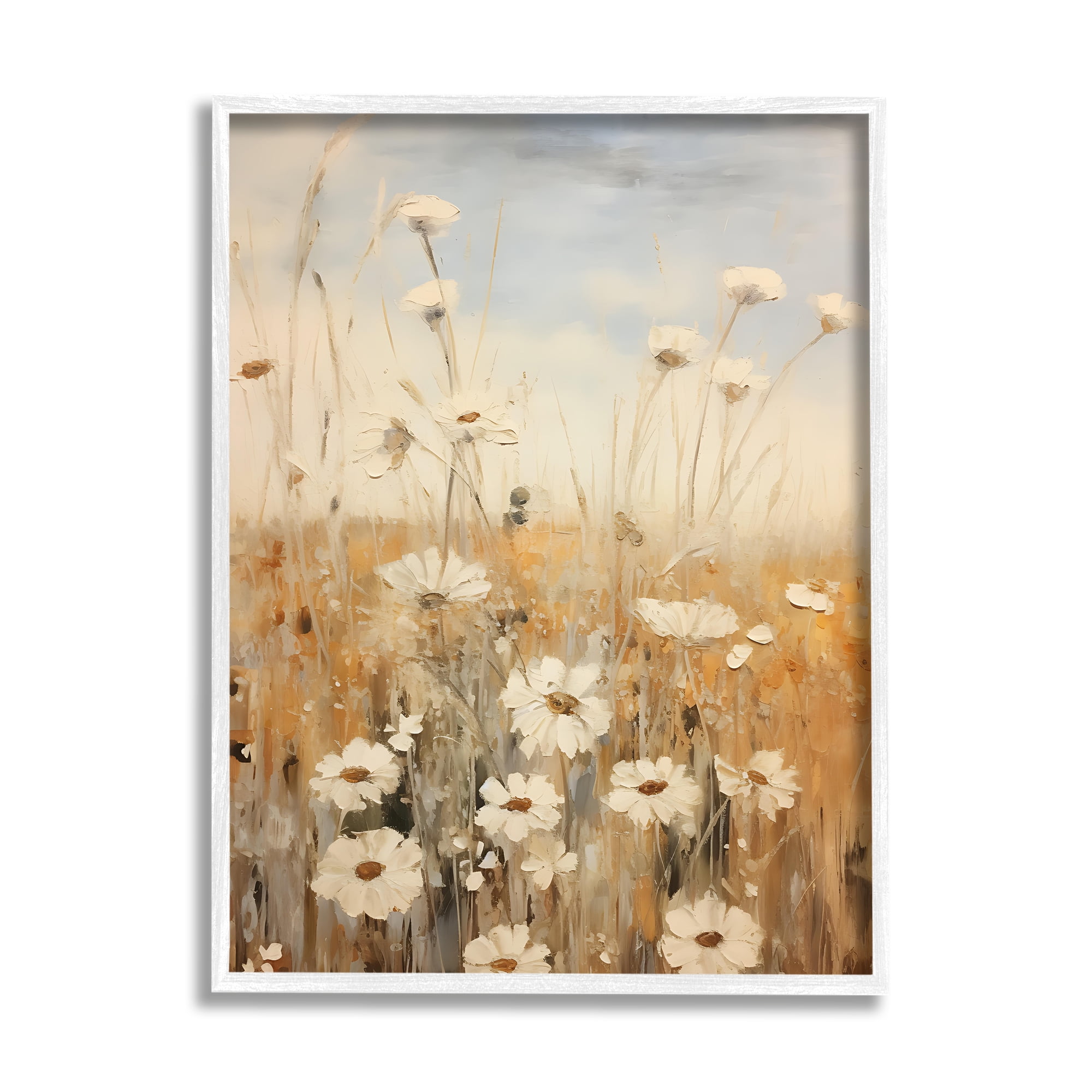 White Framed Daisy Meadow Botanical Painting Print