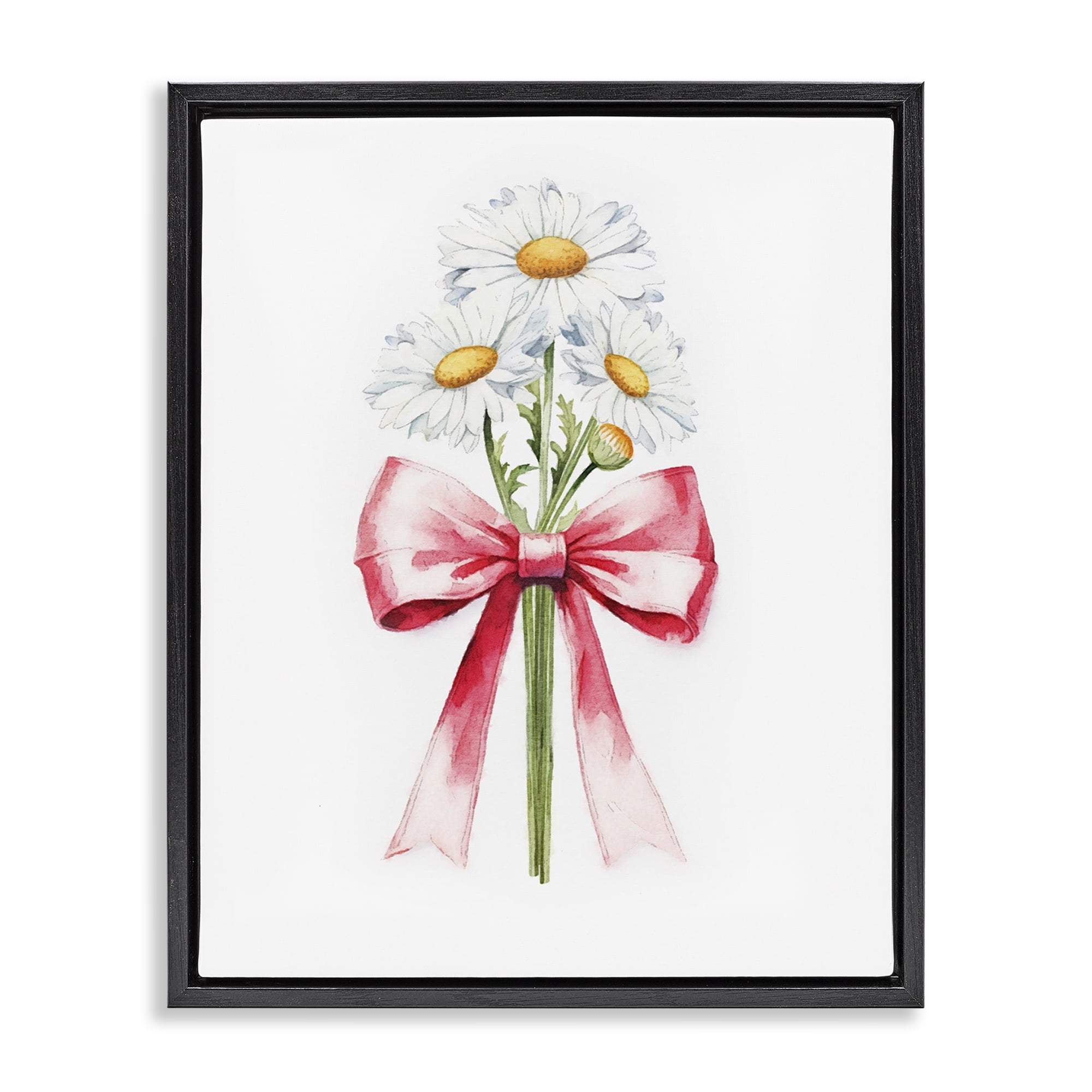 Stupell Industries Daisy Swathed Ribbon Plants & Flowers Painting Black Floater Framed Canvas Art Print Wall Art, 17 x 21