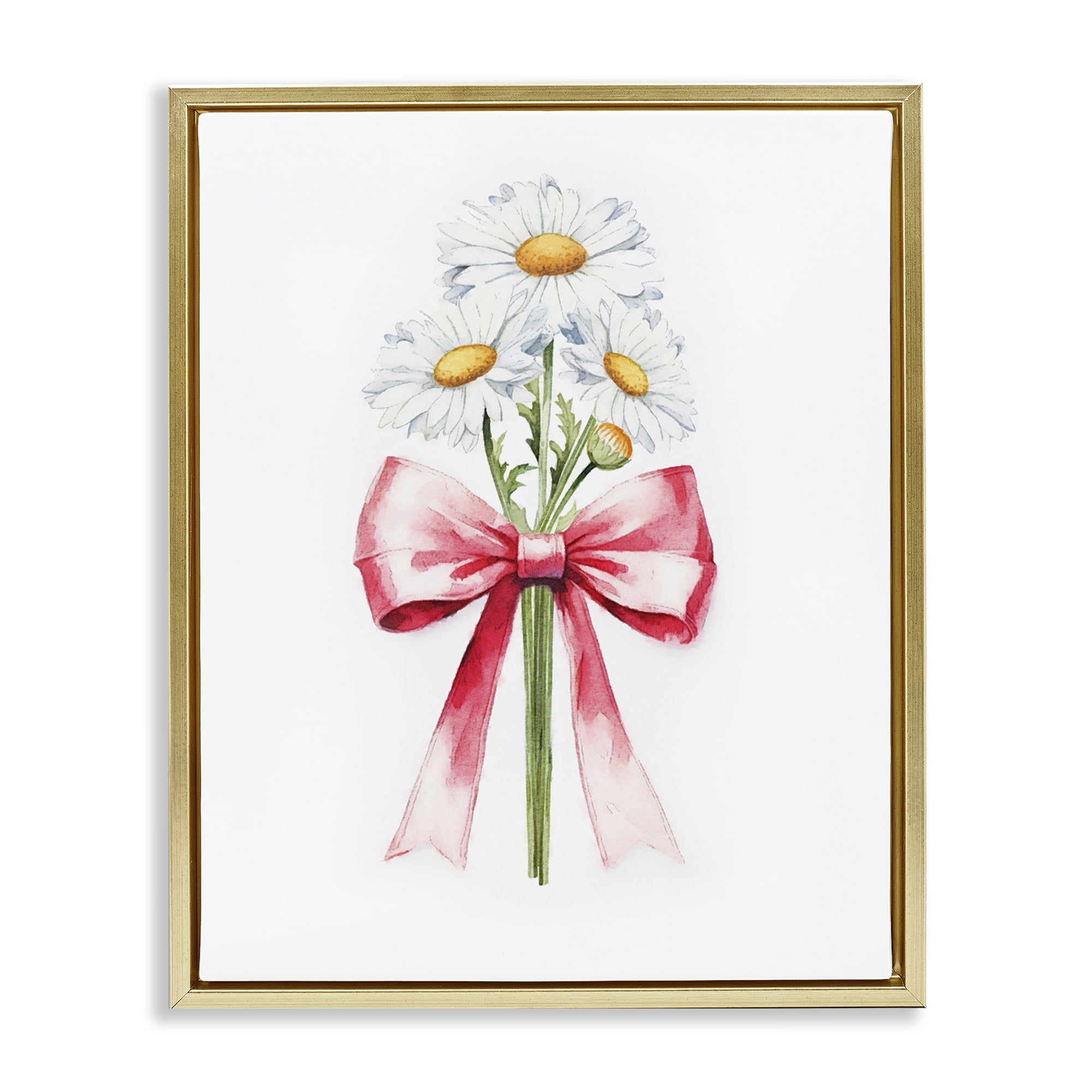 Stupell Industries Daisy Swathed Ribbon Plants & Flowers Painting Gold Floater Framed Canvas Art Print Wall Art, 17 x 21