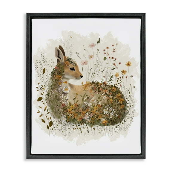 Stupell Industries Daisy & Wildflower Fawn Animals & Insects Painting Black Floater Framed Canvas Art Print Wall Art, 17 x 21