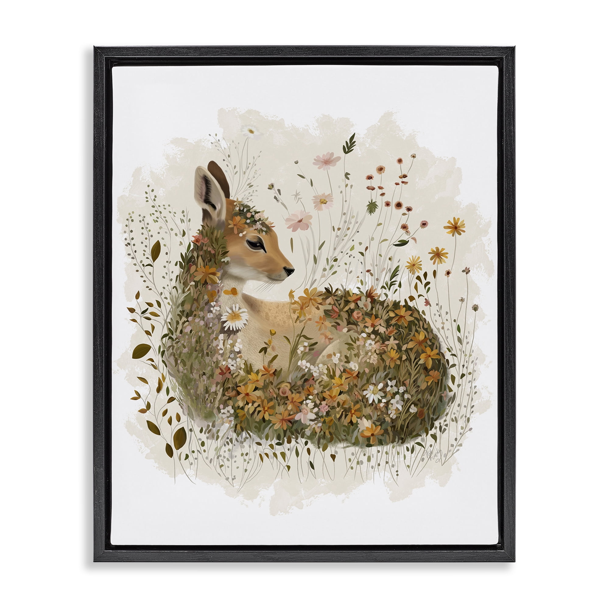 Stupell Industries Daisy & Wildflower Fawn Animals & Insects Painting Black Floater Framed Canvas Art Print Wall Art, 25 x 31