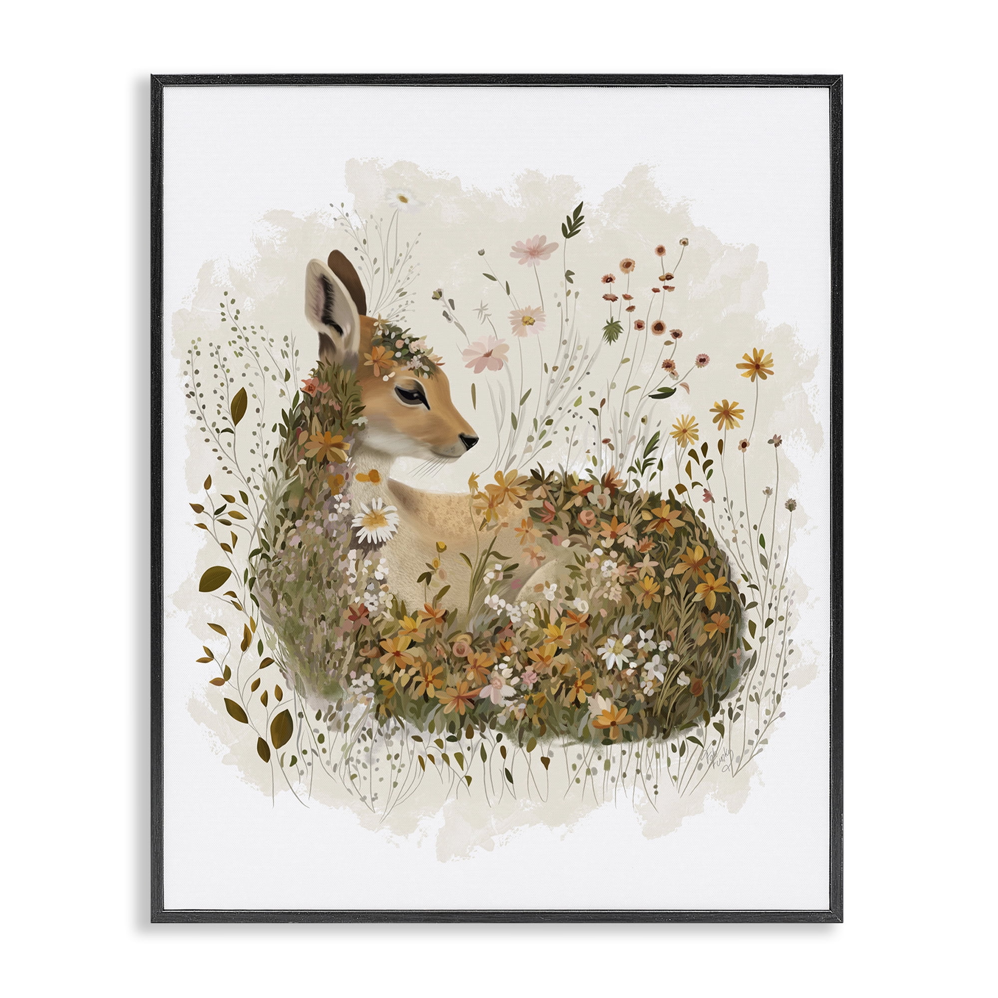 Stupell Industries Daisy & Wildflower Fawn Animals & Insects Painting Black Framed Art Print Wall Art, 11 x 14