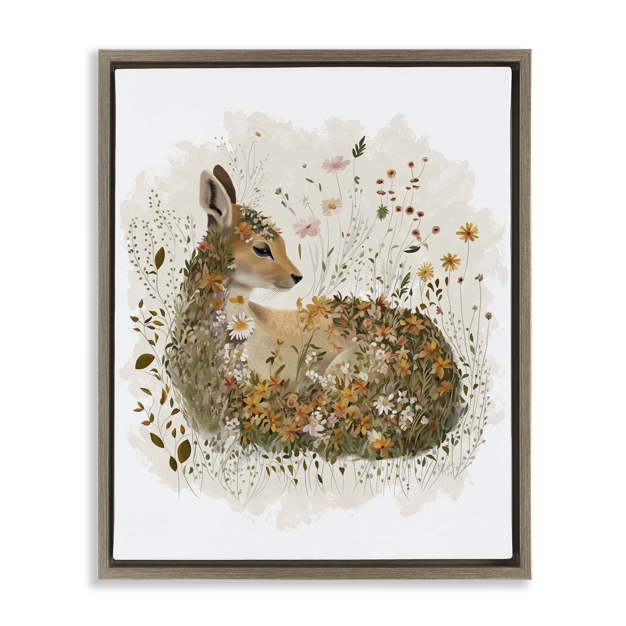 Stupell Industries Daisy & Wildflower Fawn Animals & Insects Painting Brown Floater Framed Canvas Art Print Wall Art, 25 x 31