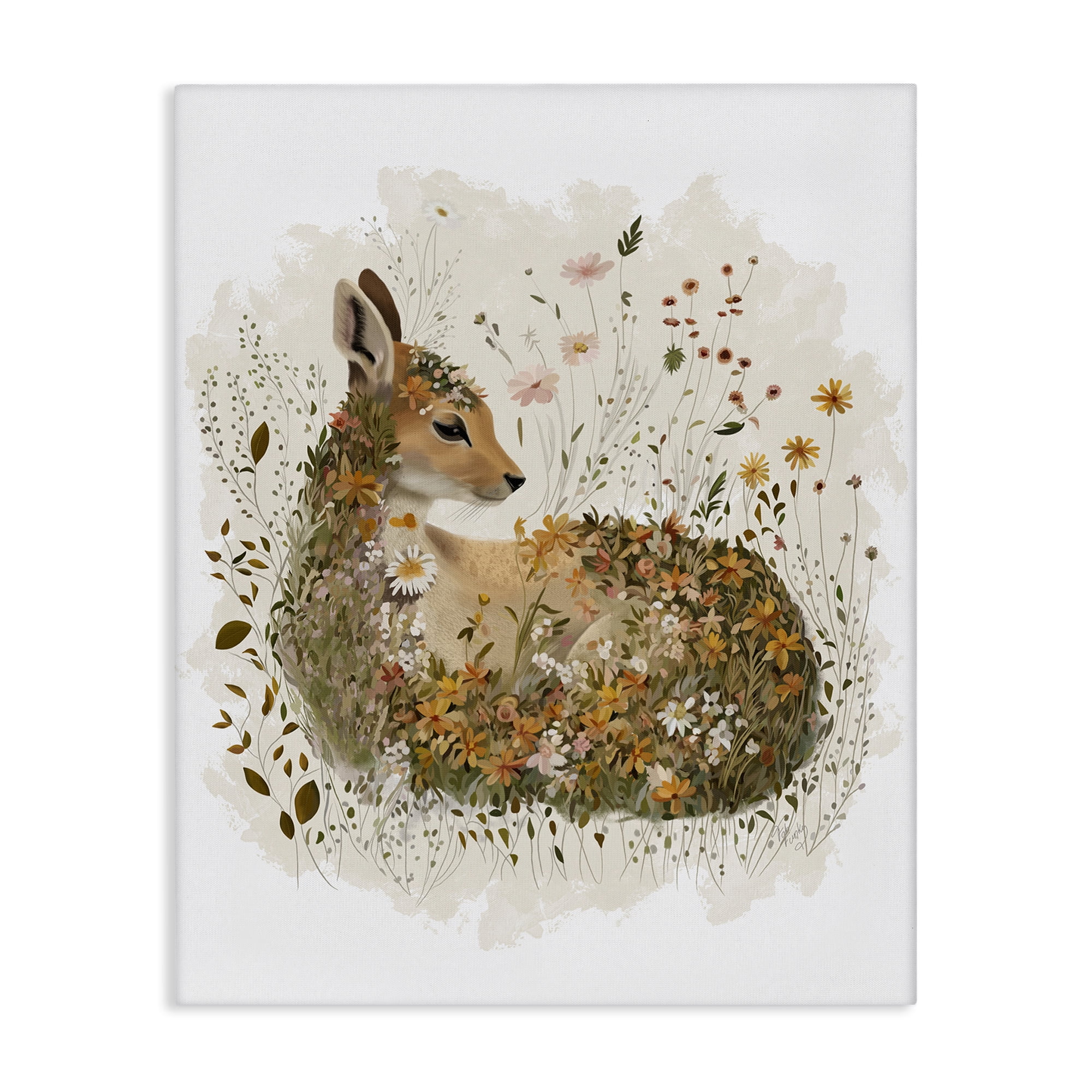 Stupell Industries Daisy & Wildflower Fawn Animals & Insects Painting Gallery Wrapped Canvas Art Print Wall Art, 24 x 30