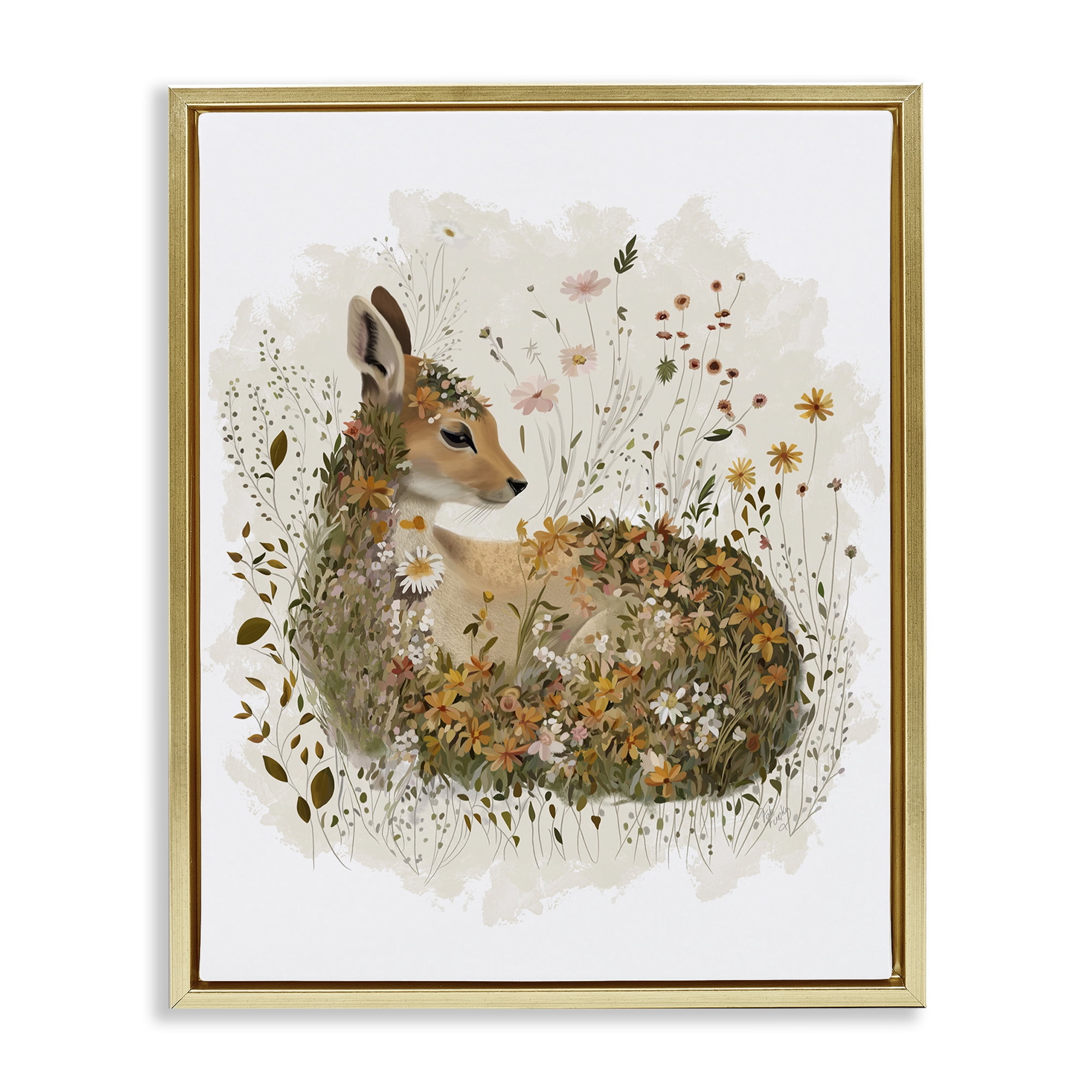 Stupell Industries Daisy & Wildflower Fawn Animals & Insects Painting Gold Floater Framed Canvas Art Print Wall Art, 25 x 31