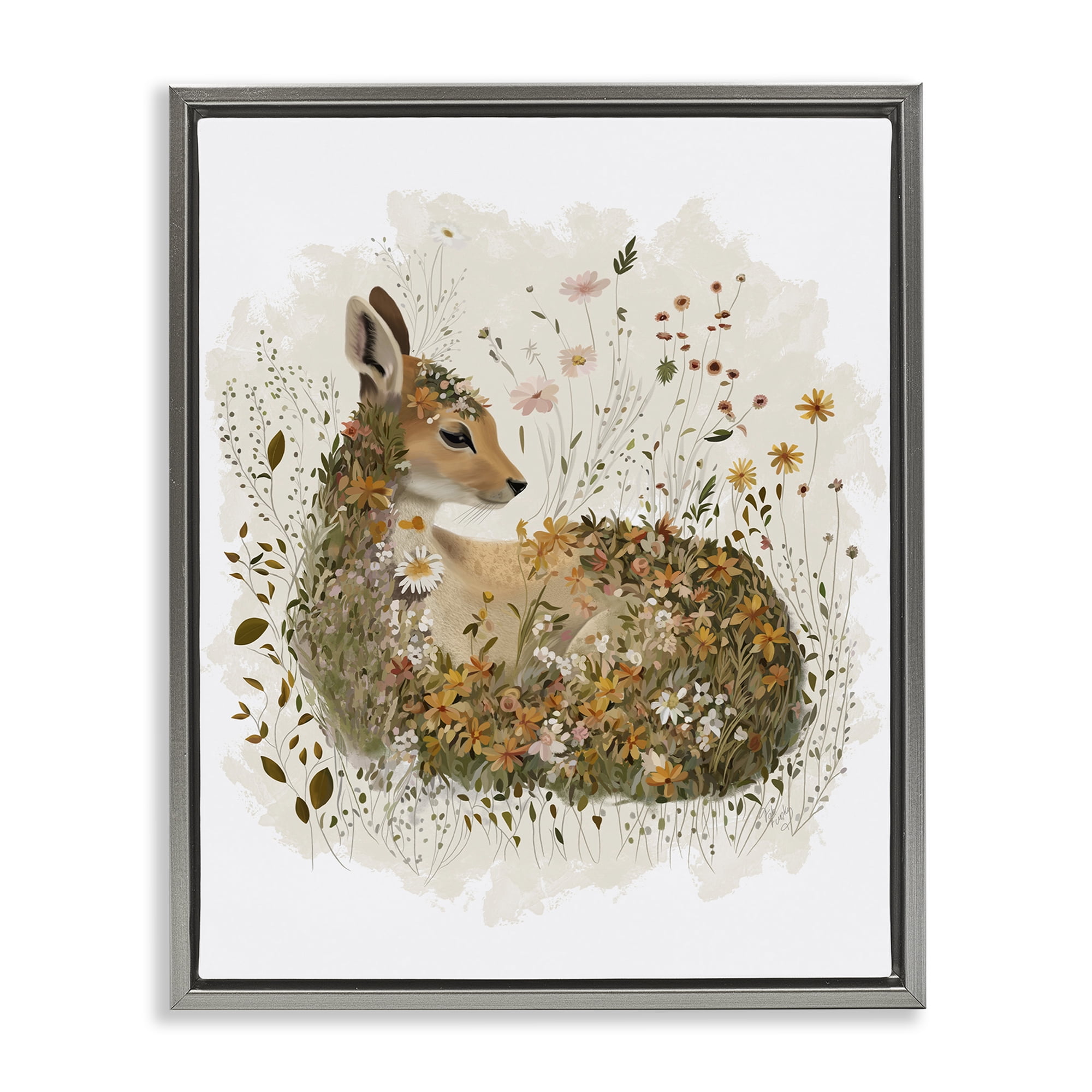 Stupell Industries Daisy & Wildflower Fawn Animals & Insects Painting Gray Floater Framed Canvas Art Print Wall Art, 25 x 31