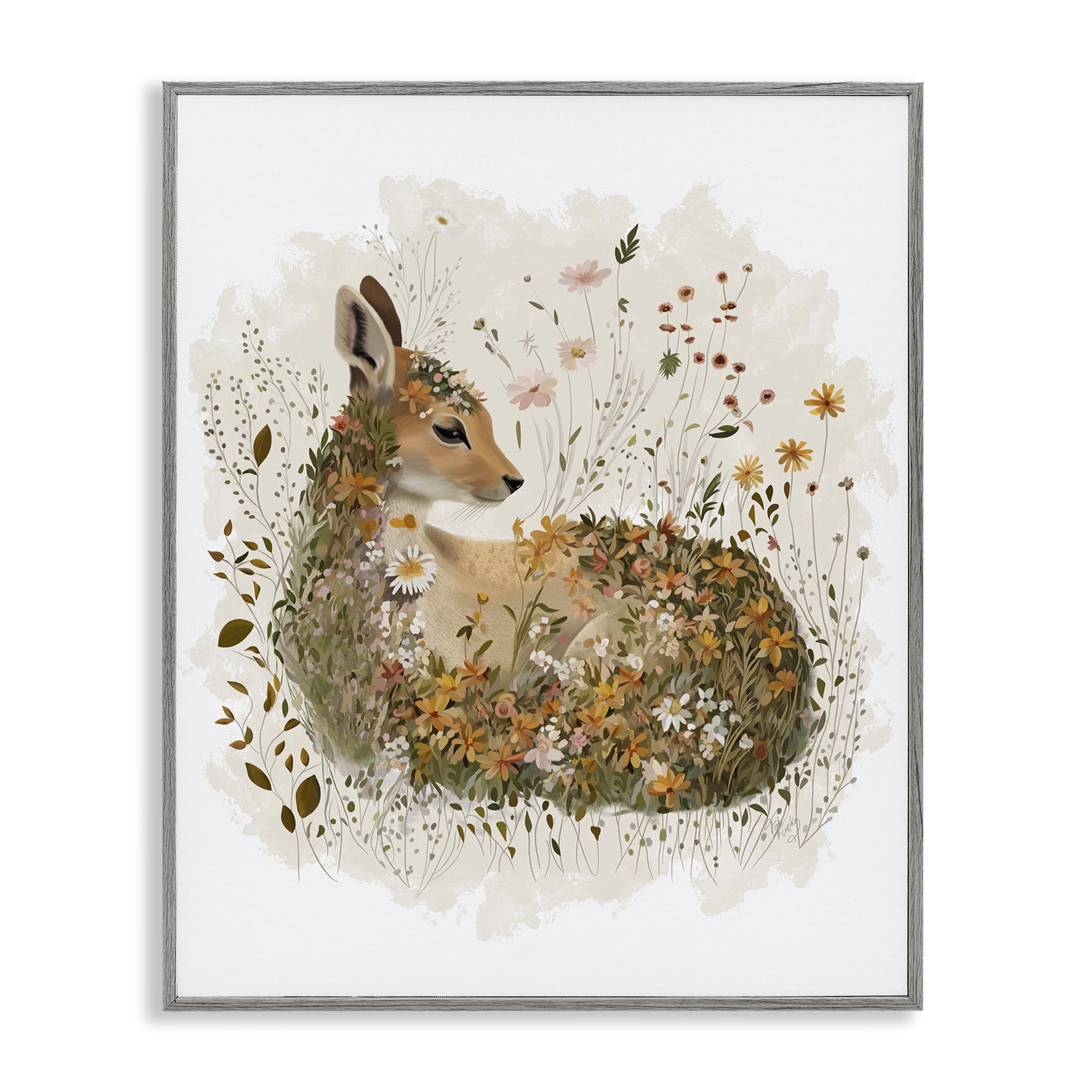 Stupell Industries Daisy & Wildflower Fawn Animals & Insects Painting Gray Framed Art Print Wall Art, 16 x 20