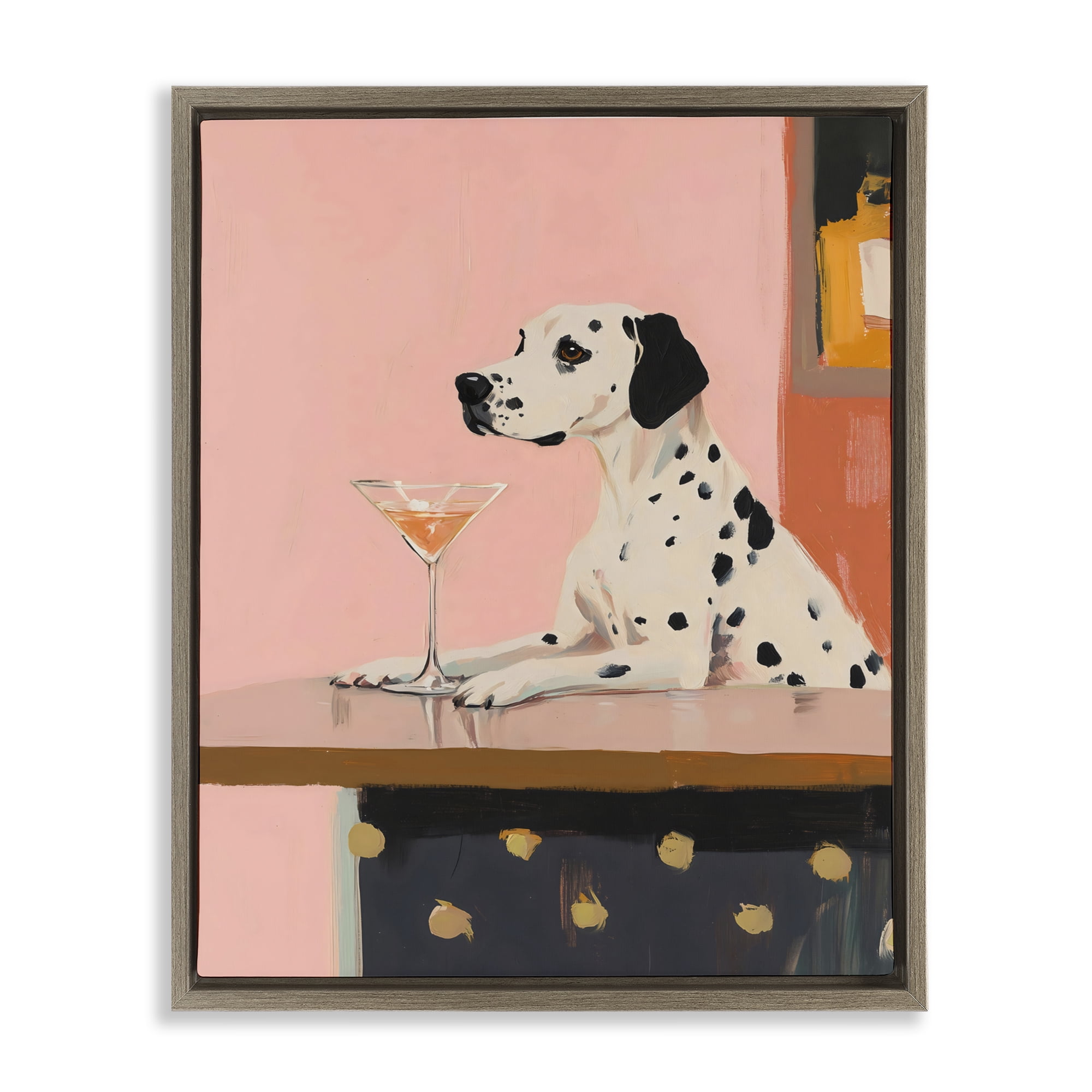 Stupell Industries Dalmatian at Cocktail Bar Brown Framed Floater Canvas Wall Art, design by The Prints Vibe