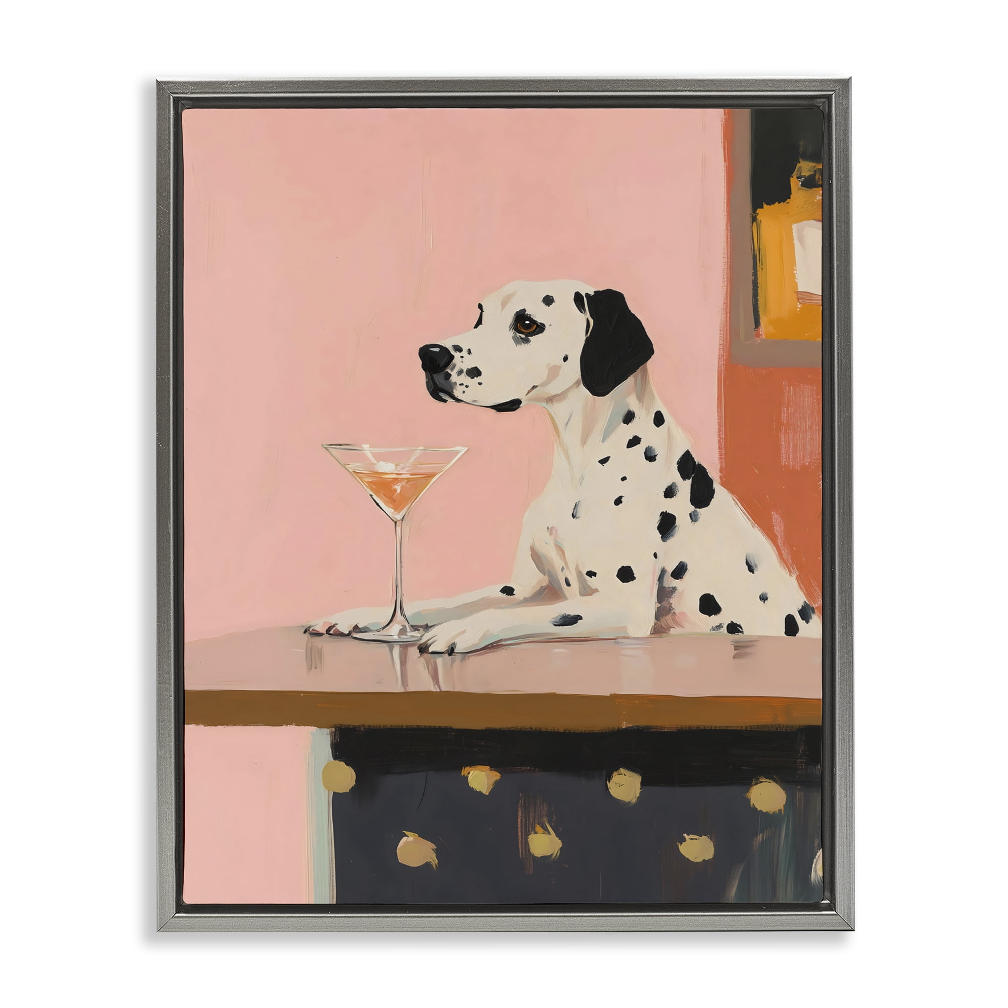 Stupell Industries Dalmatian at Cocktail Bar Gray Framed Floater Canvas Wall Art, design by The Prints Vibe