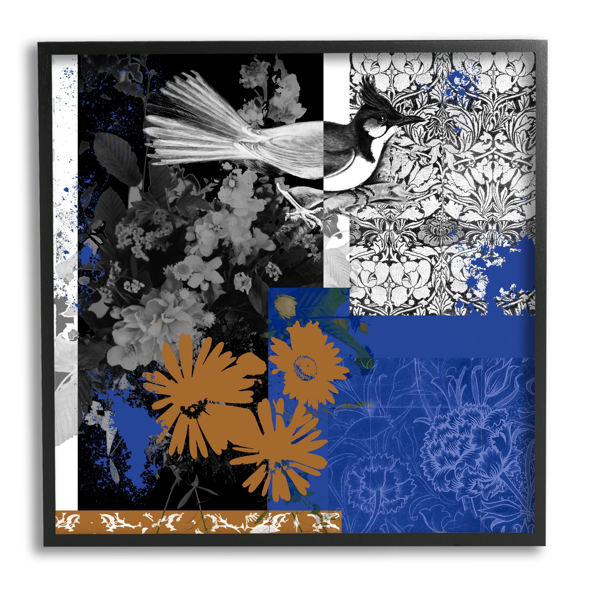 Stupell Industries Damask Patterned Jay Bird Collage Animals & Insects Painting Black Framed Art Print Wall Art