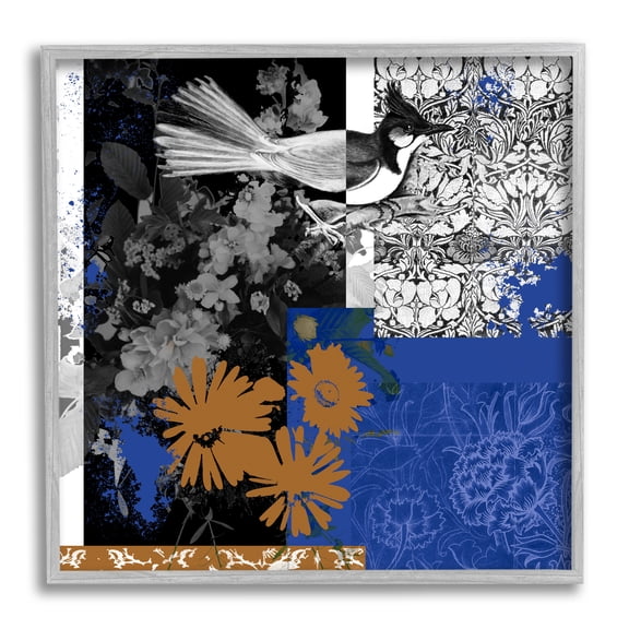 Stupell Industries Damask Patterned Jay Bird Collage Animals & Insects Painting Gray Framed Art Print Wall Art