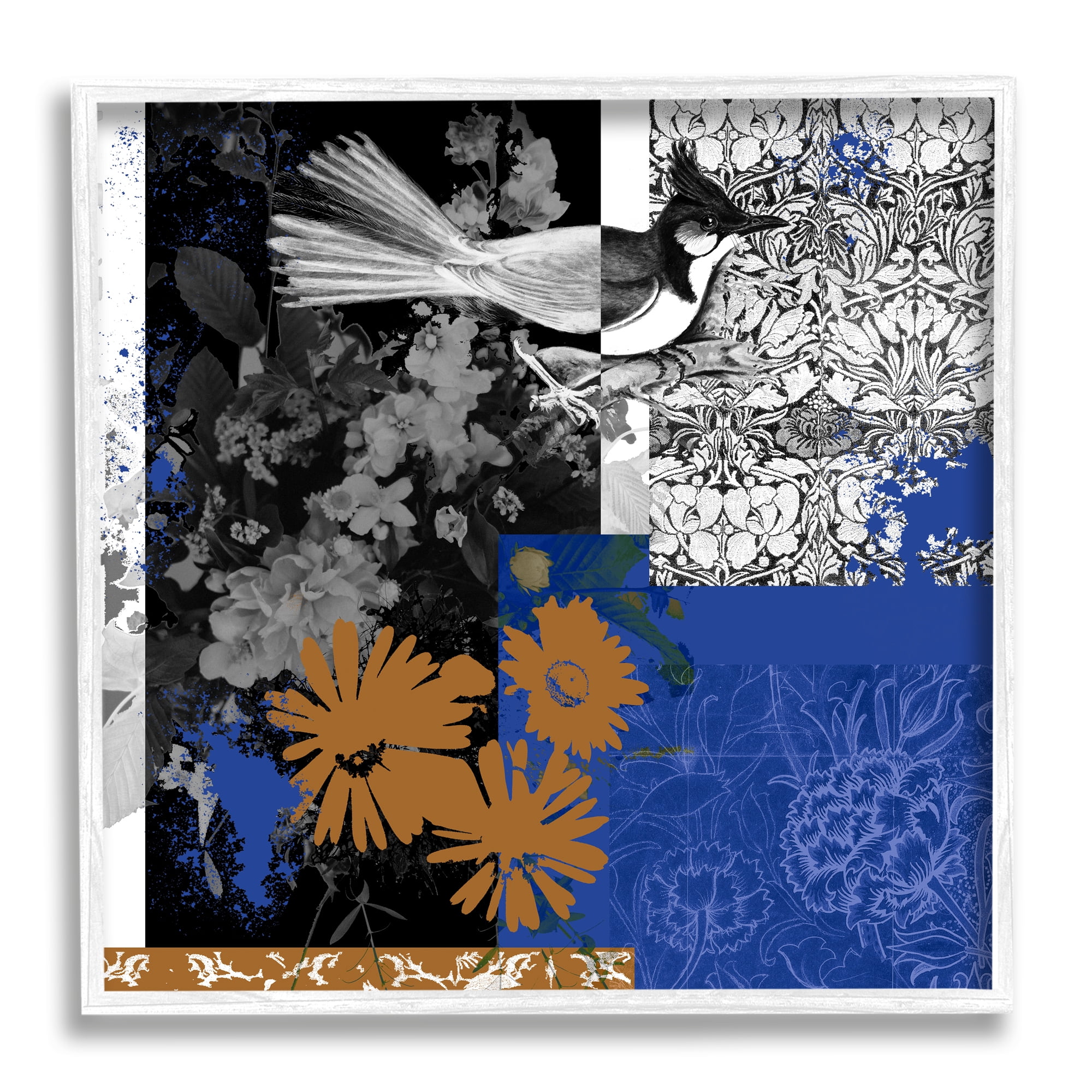 Stupell Industries Damask Patterned Jay Bird Collage Animals & Insects Painting White Framed Art Print Wall Art