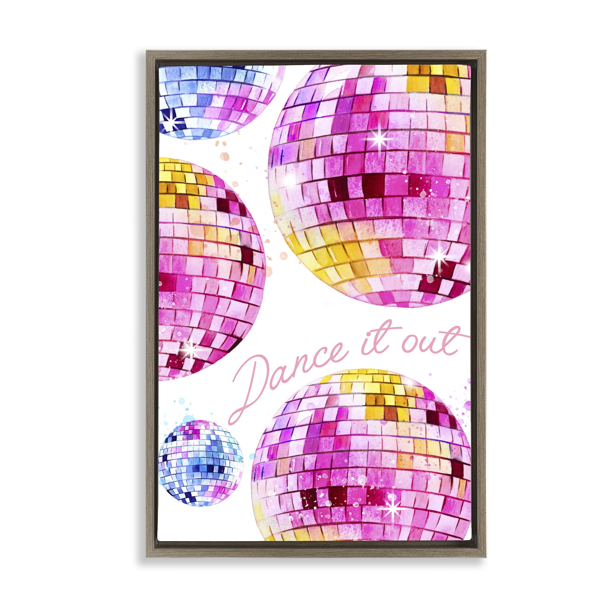 Stupell Industries Dance It Out Disco Balls Typography Painting Brown Floater Framed Art Print Wall Art, 21 x 31